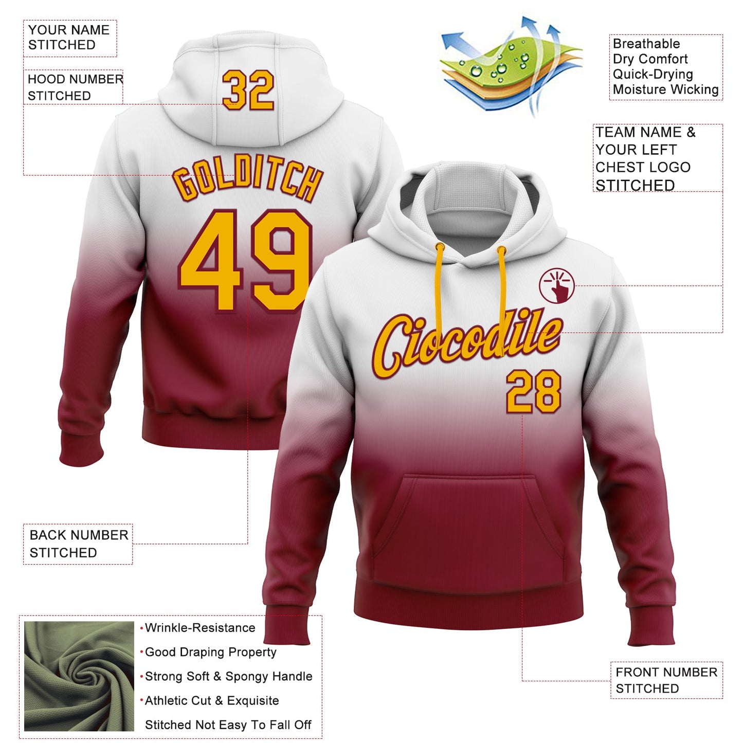 Custom Stitched White Gold-Crimson Fade Fashion Sports Pullover Sweatshirt Hoodie view 2