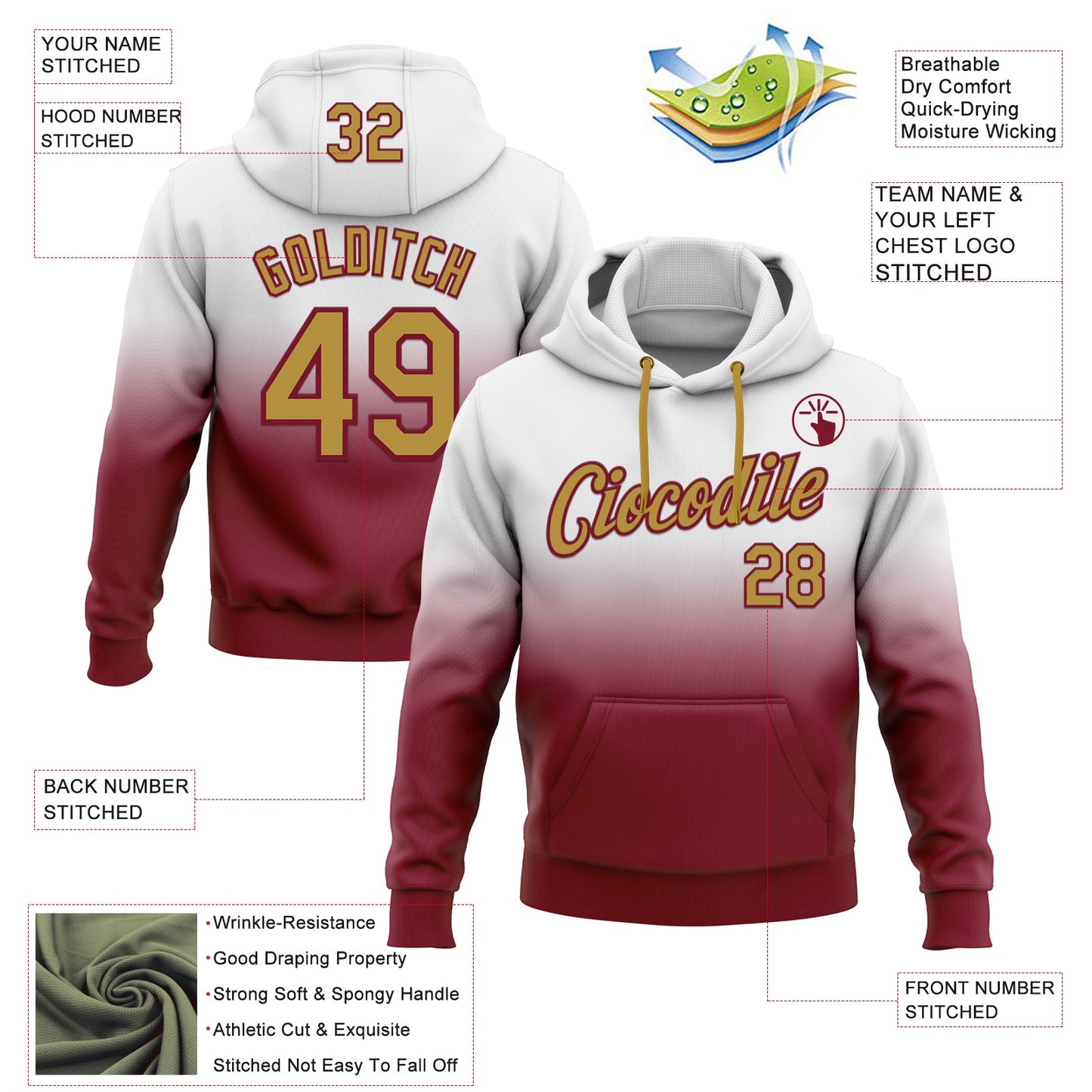 Custom Stitched White Old Gold-Crimson Fade Fashion Sports Pullover Sweatshirt Hoodie view 2