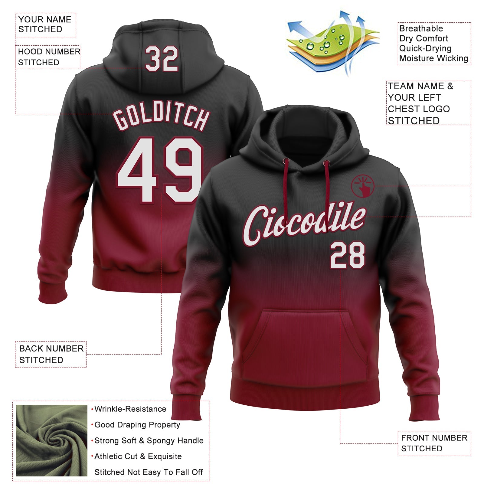 Custom Stitched Black White-Crimson Fade Fashion Sports Pullover Sweatshirt Hoodie view 2