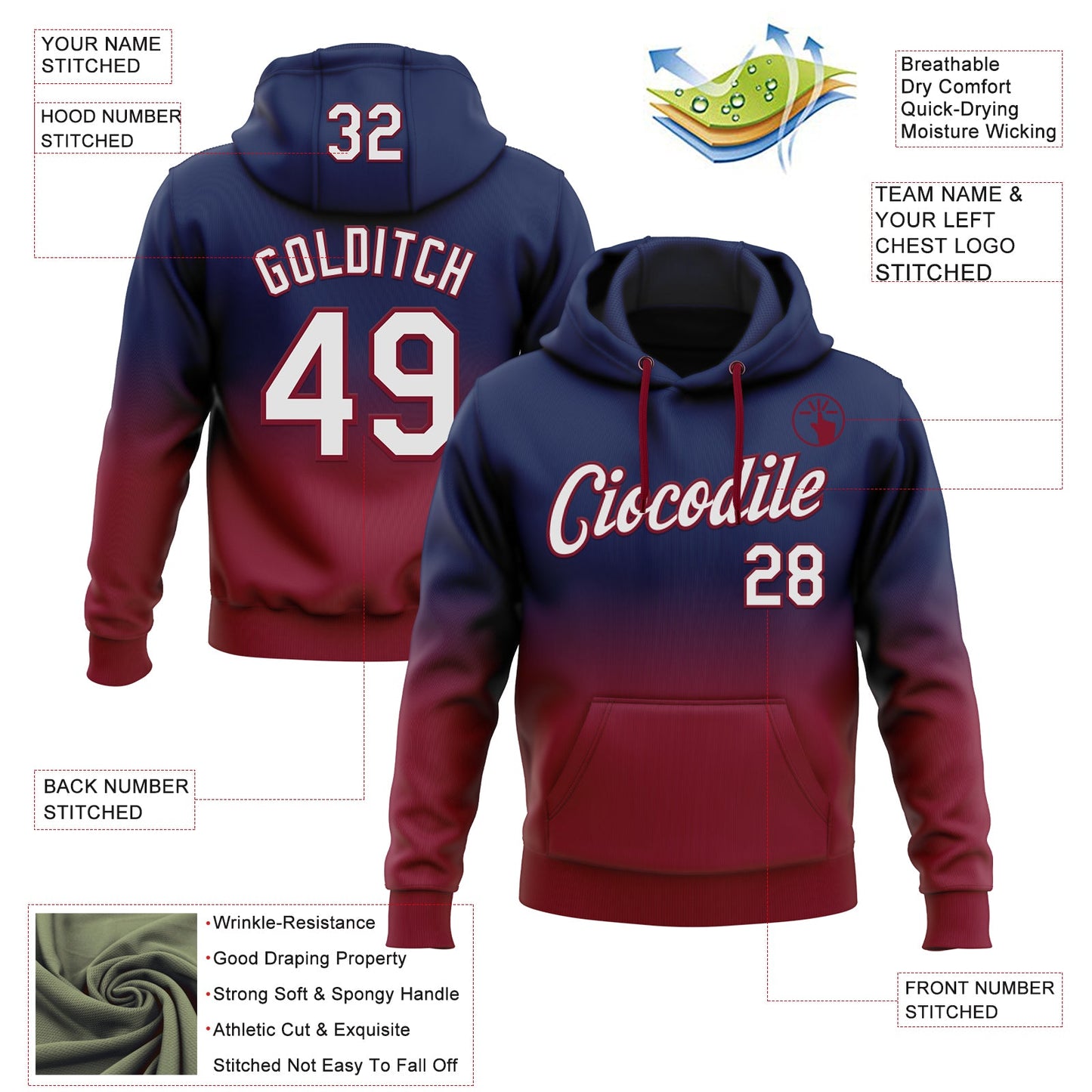 Custom Stitched Navy White-Crimson Fade Fashion Sports Pullover Sweatshirt Hoodie view 2