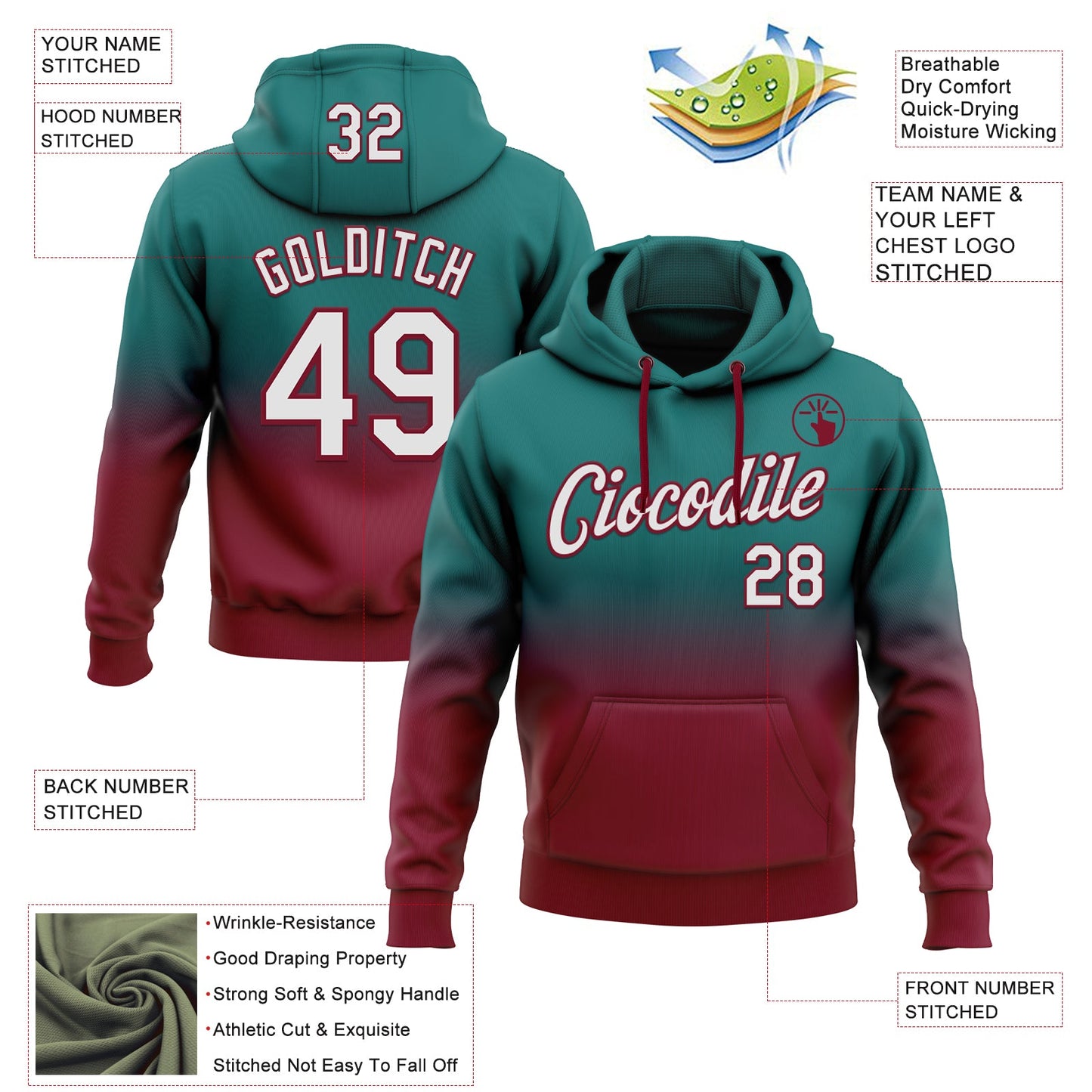 Custom Stitched Teal White-Crimson Fade Fashion Sports Pullover Sweatshirt Hoodie view 2
