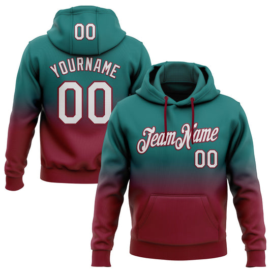 Custom Stitched Teal White-Crimson Fade Fashion Sports Pullover Sweatshirt Hoodie - Main View