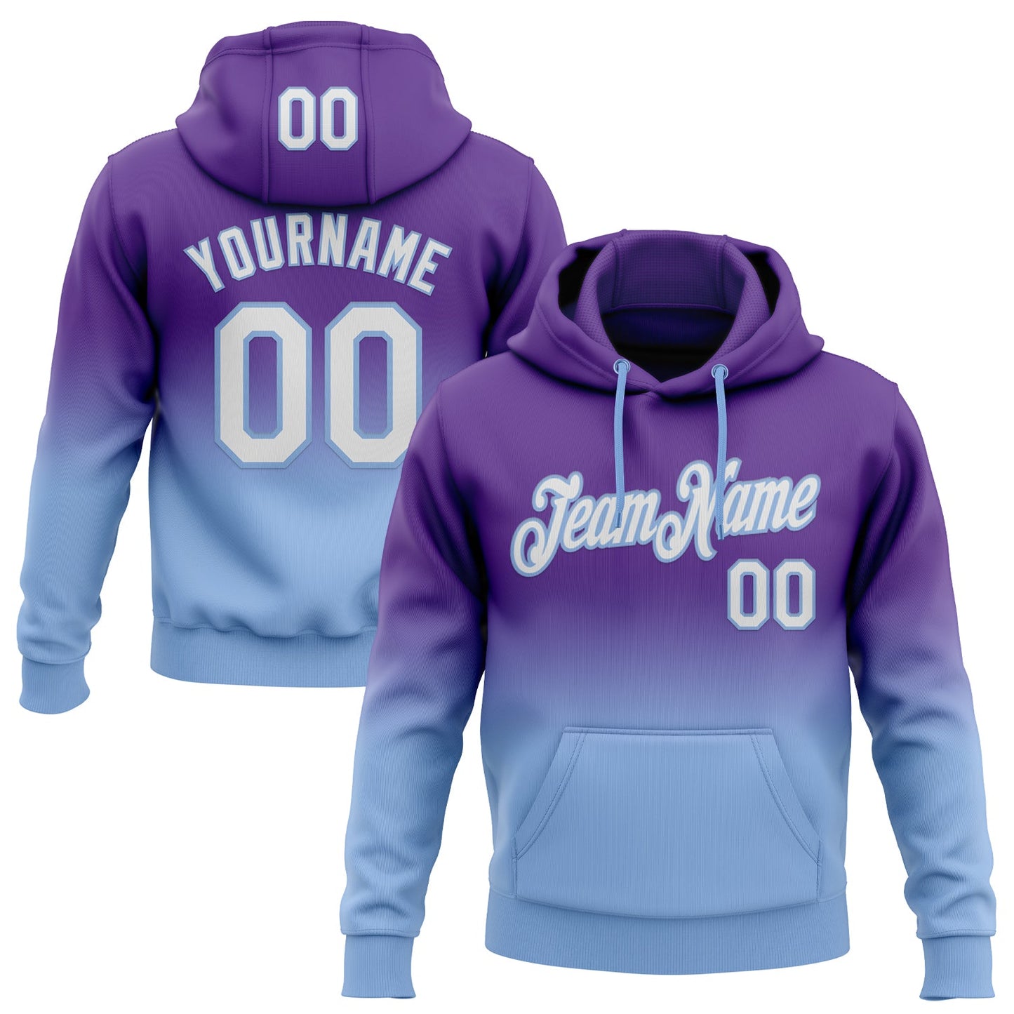 Custom Stitched Purple White-Light Blue Fade Fashion Sports Pullover Sweatshirt Hoodie - Main View