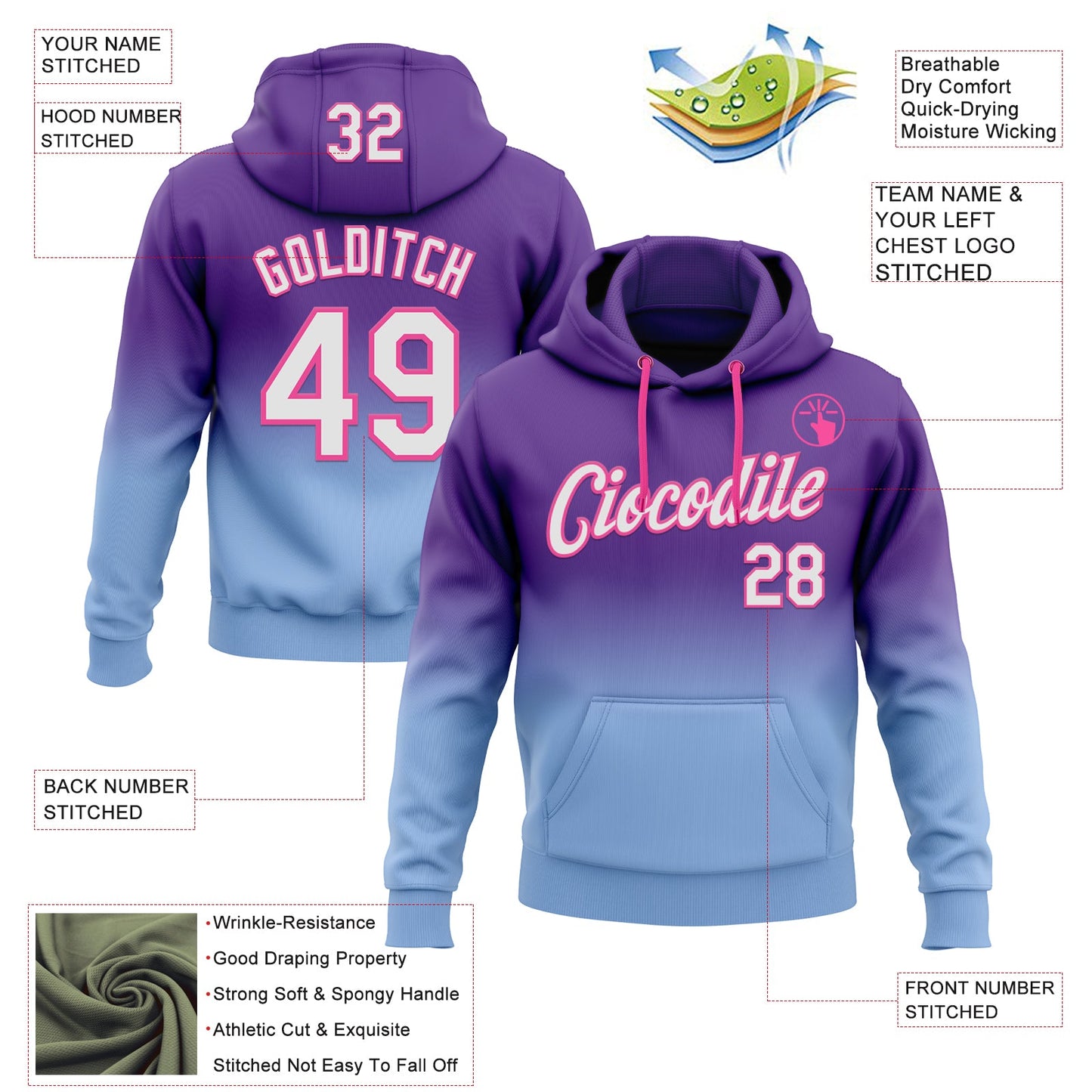 Custom Stitched Purple White Light Blue-Pink Fade Fashion Sports Pullover Sweatshirt Hoodie view 2