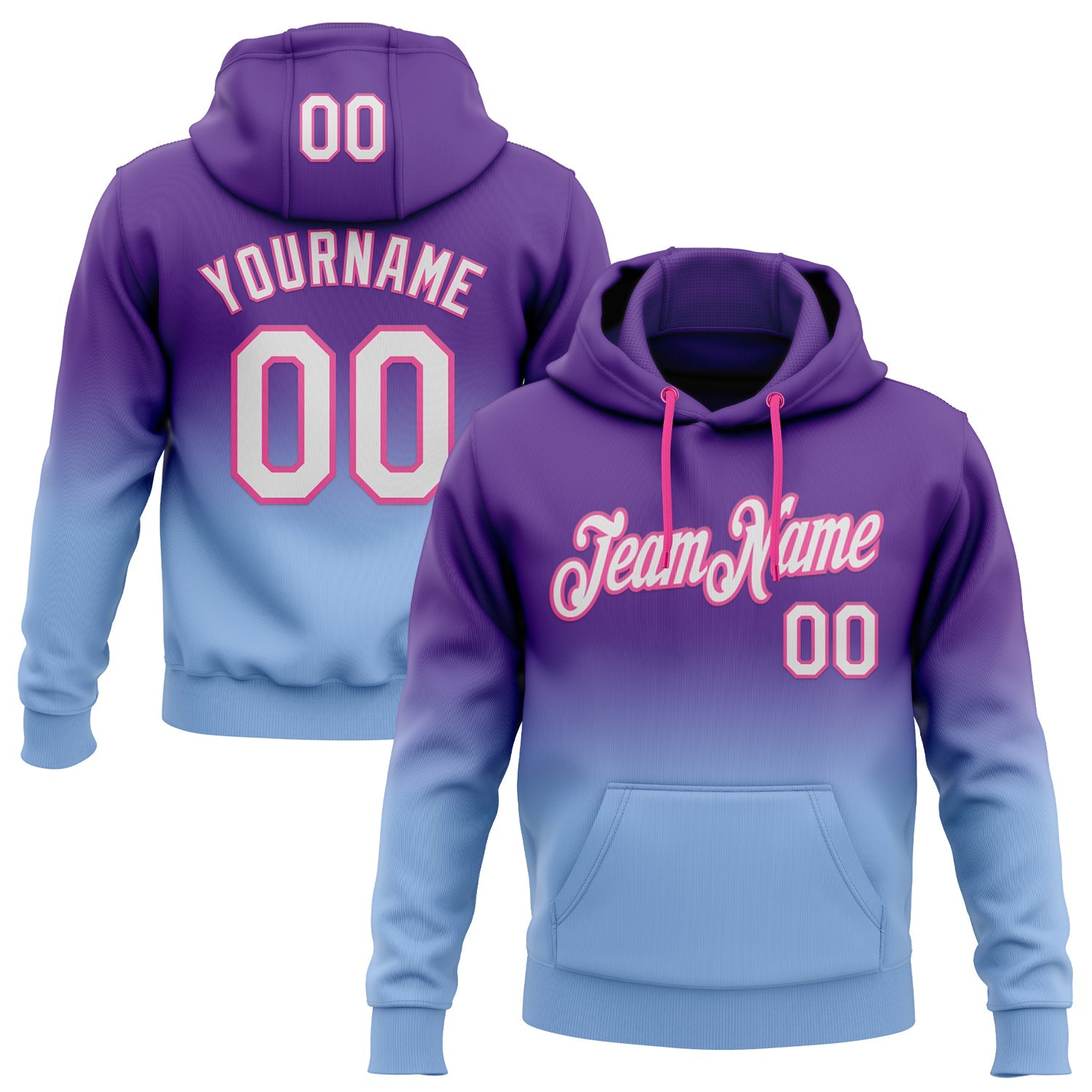 Custom Stitched Purple White Light Blue-Pink Fade Fashion Sports Pullover Sweatshirt Hoodie - Main View