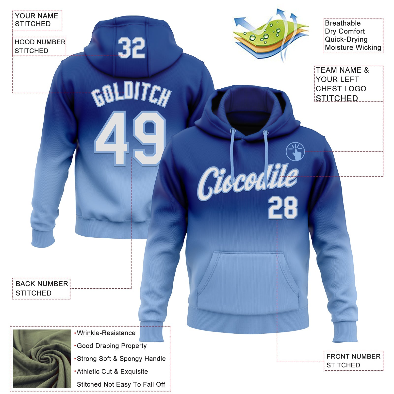 Custom Stitched Royal White-Light Blue Fade Fashion Sports Pullover Sweatshirt Hoodie view 2