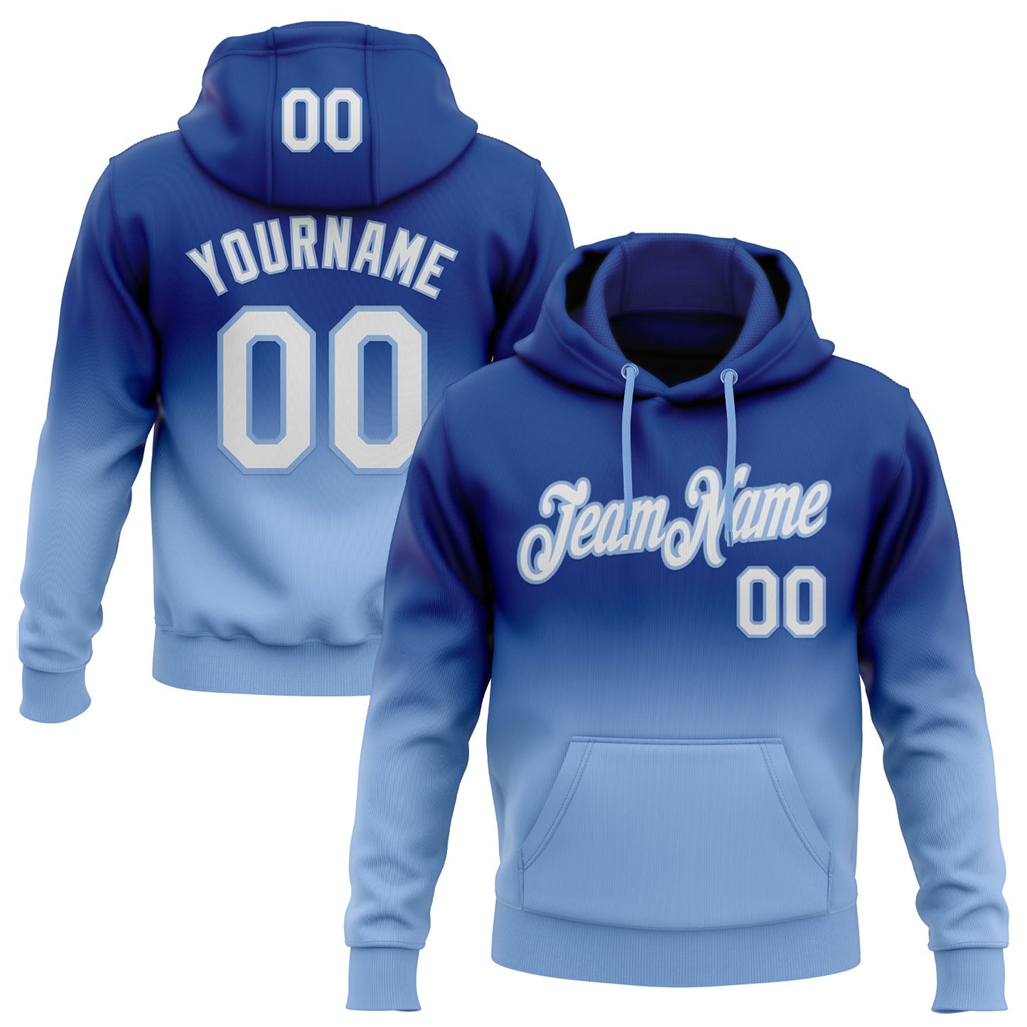 Custom Stitched Royal White-Light Blue Fade Fashion Sports Pullover Sweatshirt Hoodie - Main View