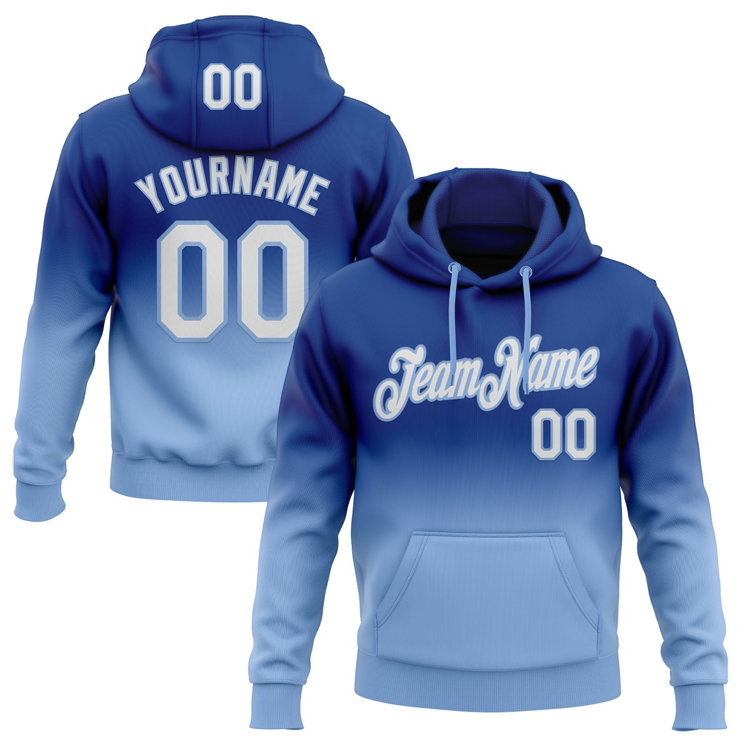 Custom Stitched Royal White-Light Blue Fade Fashion Sports Pullover Sweatshirt Hoodie - Main View