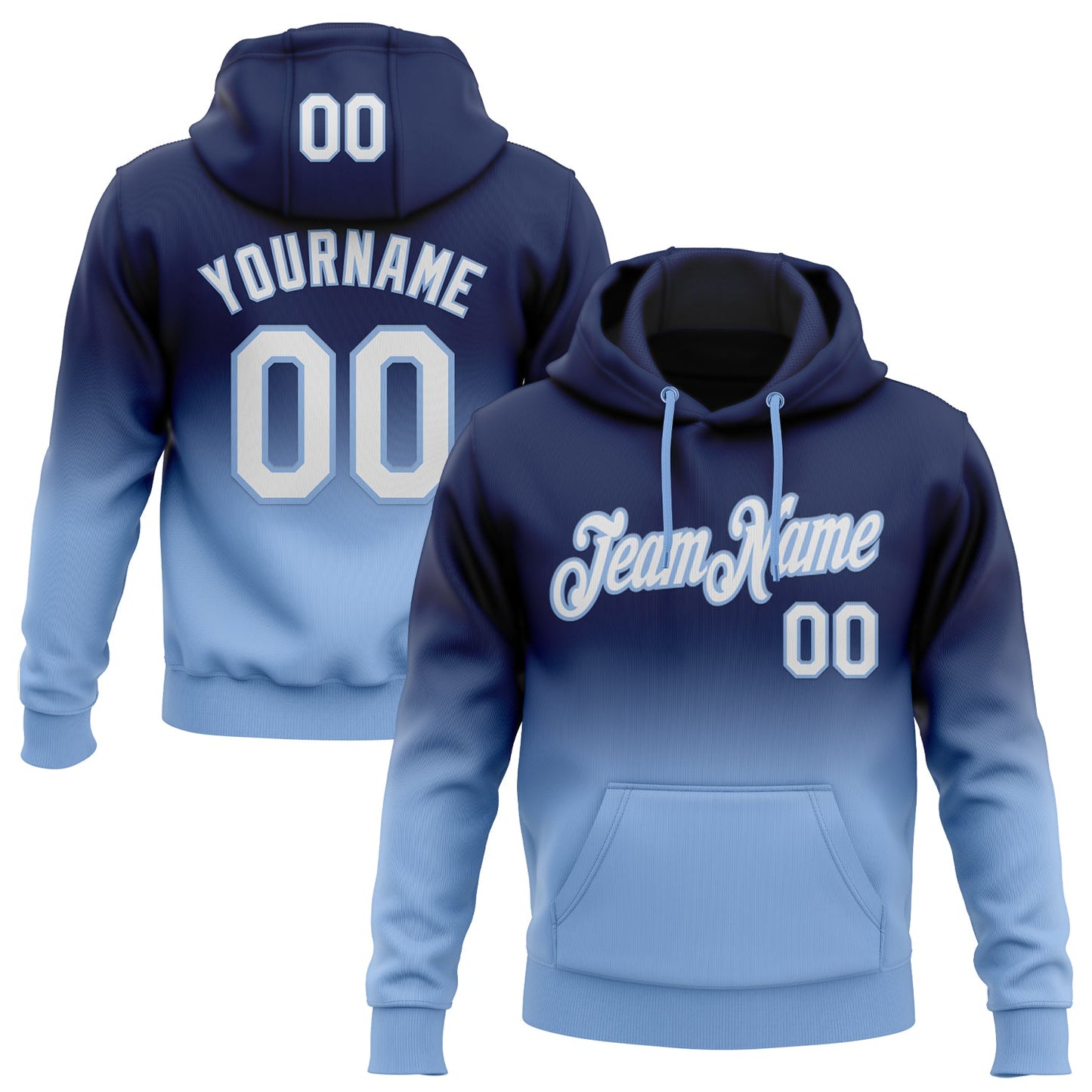 Custom Stitched Navy White-Light Blue Fade Fashion Sports Pullover Sweatshirt Hoodie - Main View