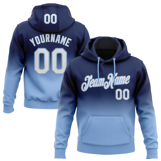 Custom Stitched Navy White-Light Blue Fade Fashion Sports Pullover Sweatshirt Hoodie - Main View