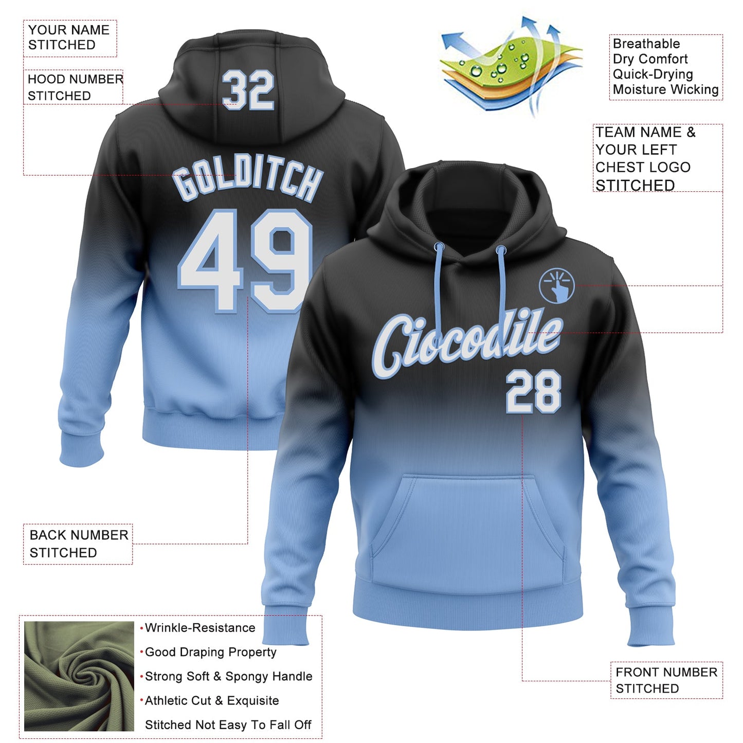 Custom Stitched Black White-Light Blue Fade Fashion Sports Pullover Sweatshirt Hoodie view 2