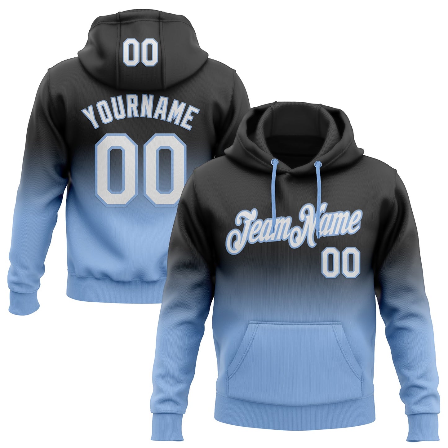 Custom Stitched Black White-Light Blue Fade Fashion Sports Pullover Sweatshirt Hoodie - Main View