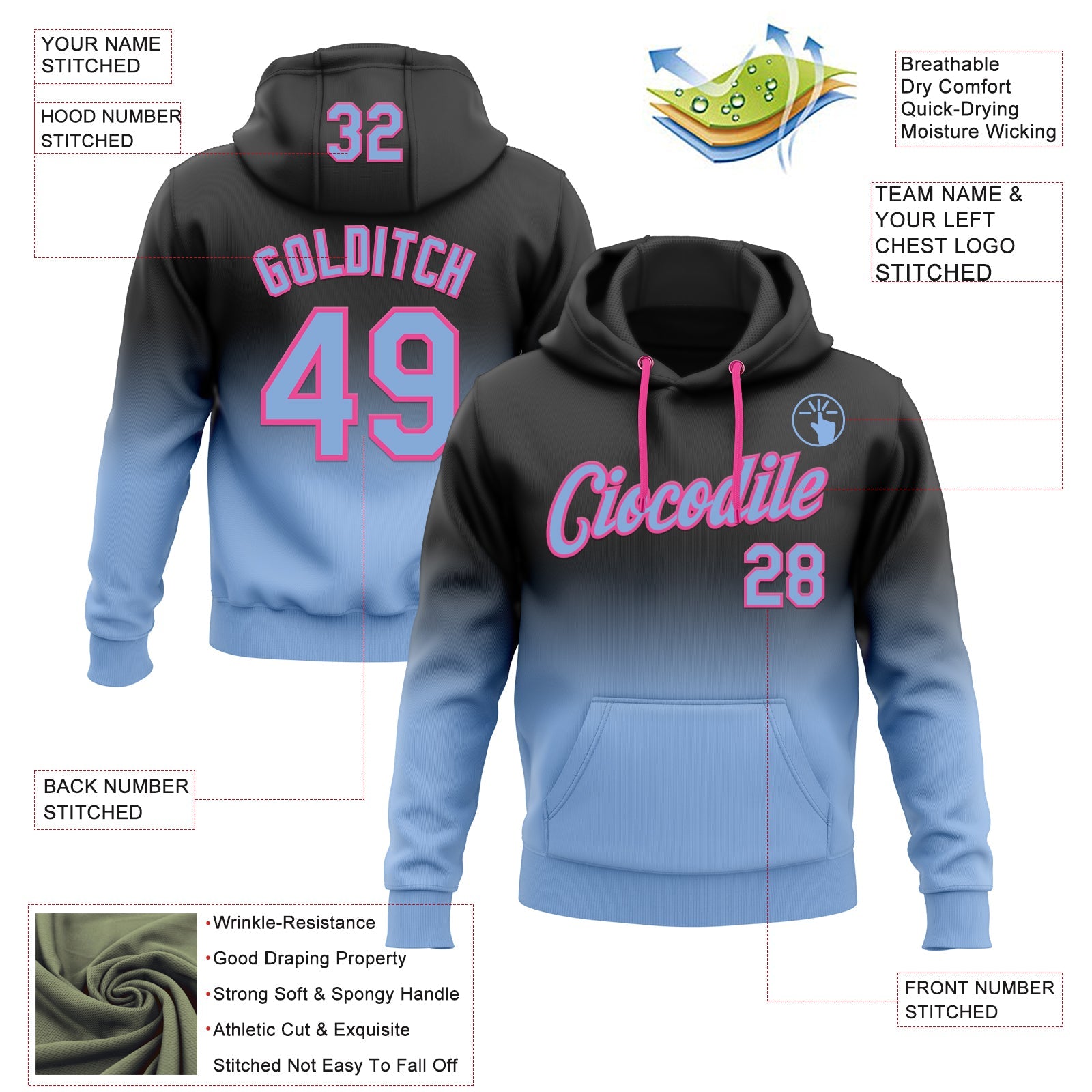 Custom Stitched Black Light Blue-Pink Fade Fashion Sports Pullover Sweatshirt Hoodie view 2