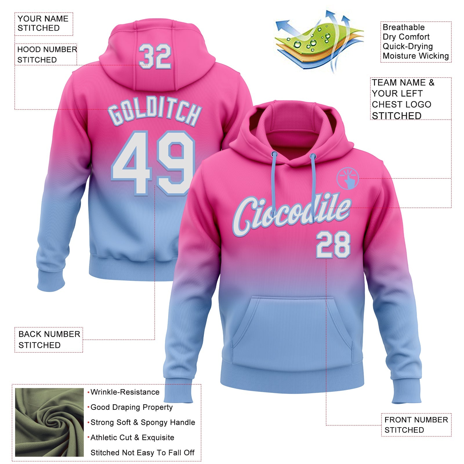 Custom Stitched Pink White-Light Blue Fade Fashion Sports Pullover Sweatshirt Hoodie view 2