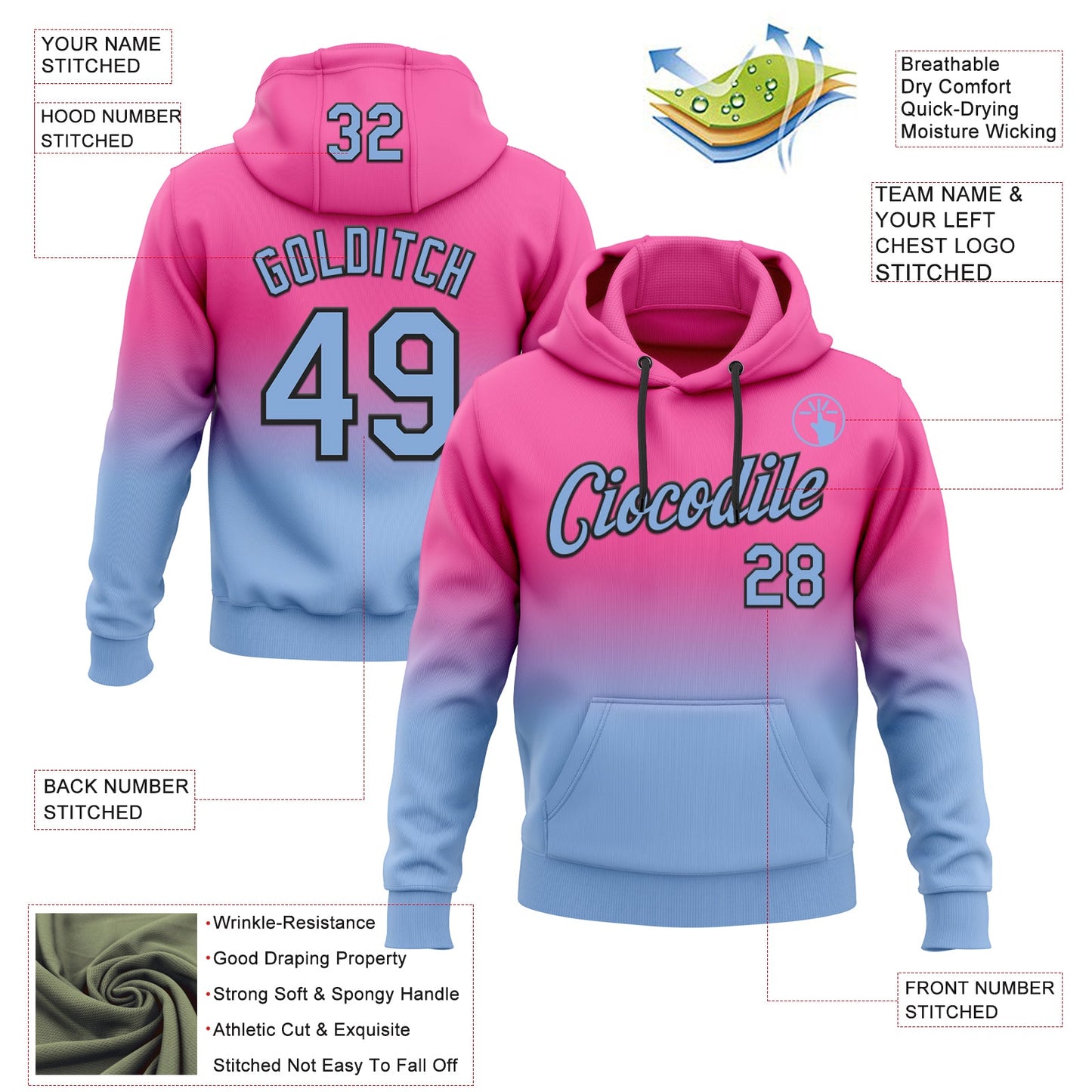 Custom Stitched Pink Light Blue-Black Fade Fashion Sports Pullover Sweatshirt Hoodie view 2