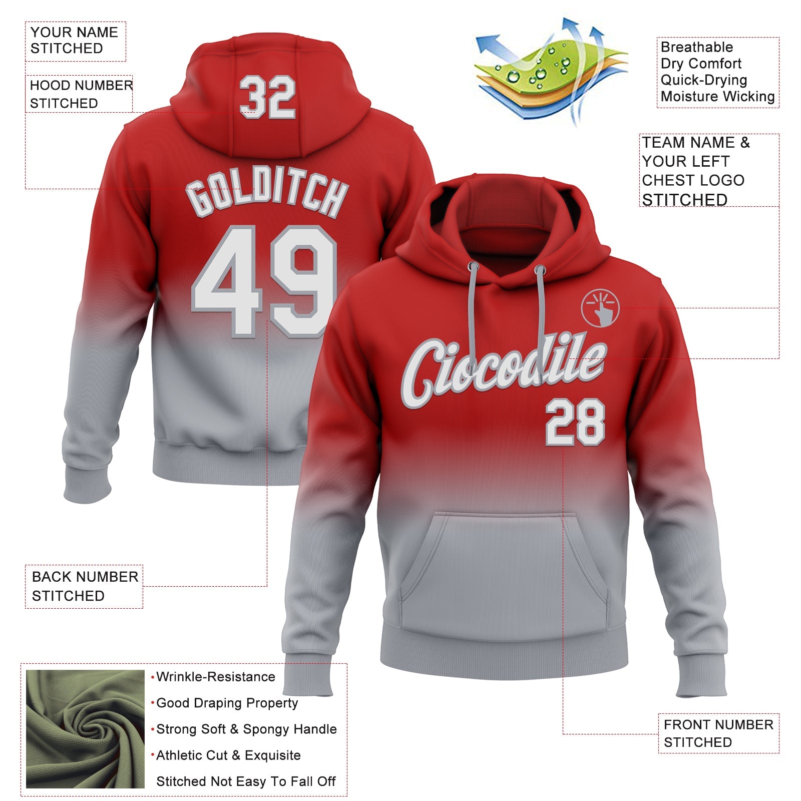 Custom Stitched Red White-Gray Fade Fashion Sports Pullover Sweatshirt Hoodie view 2