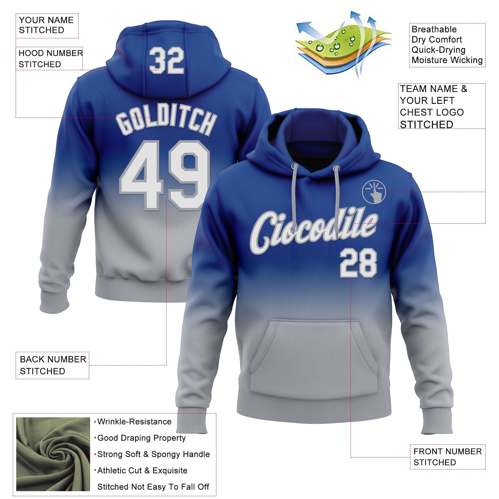Custom Stitched Royal White-Gray Fade Fashion Sports Pullover Sweatshirt Hoodie view 2