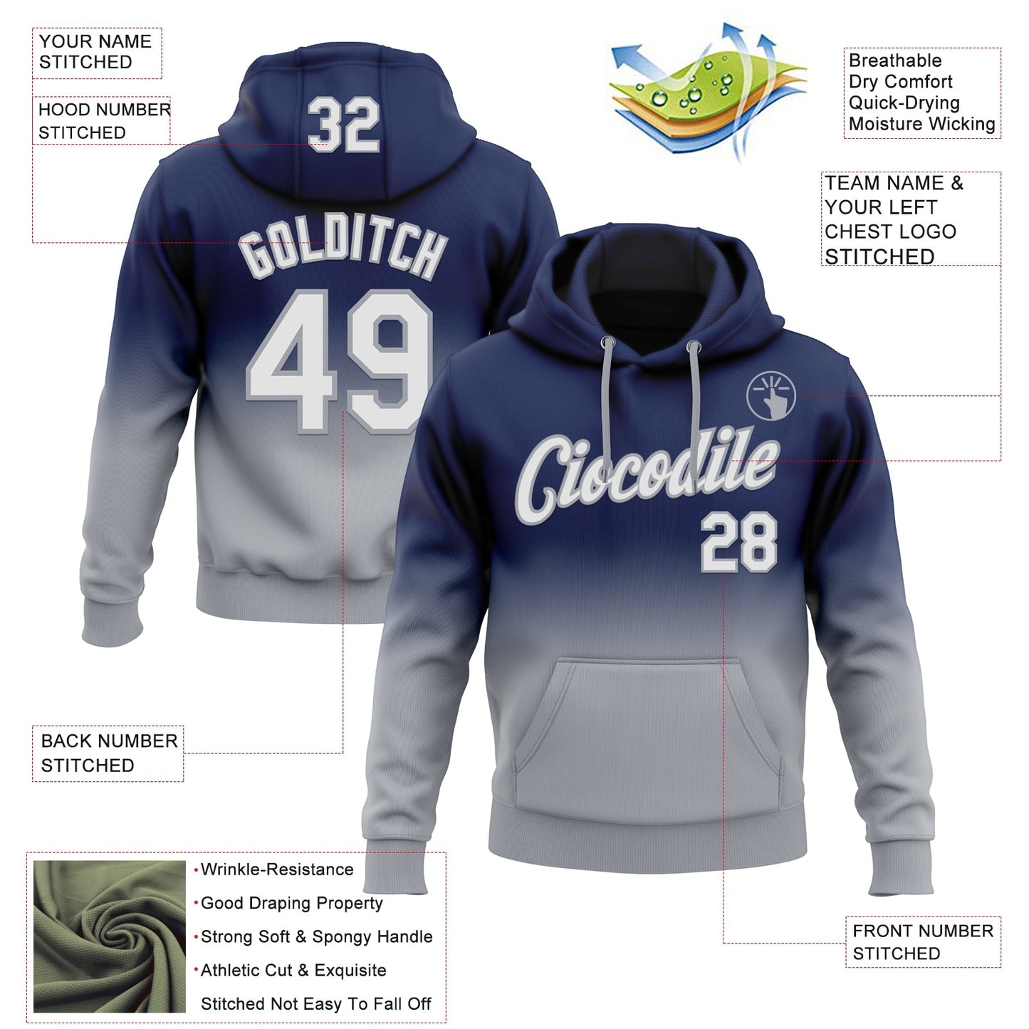 Custom Stitched Navy White-Gray Fade Fashion Sports Pullover Sweatshirt Hoodie view 2