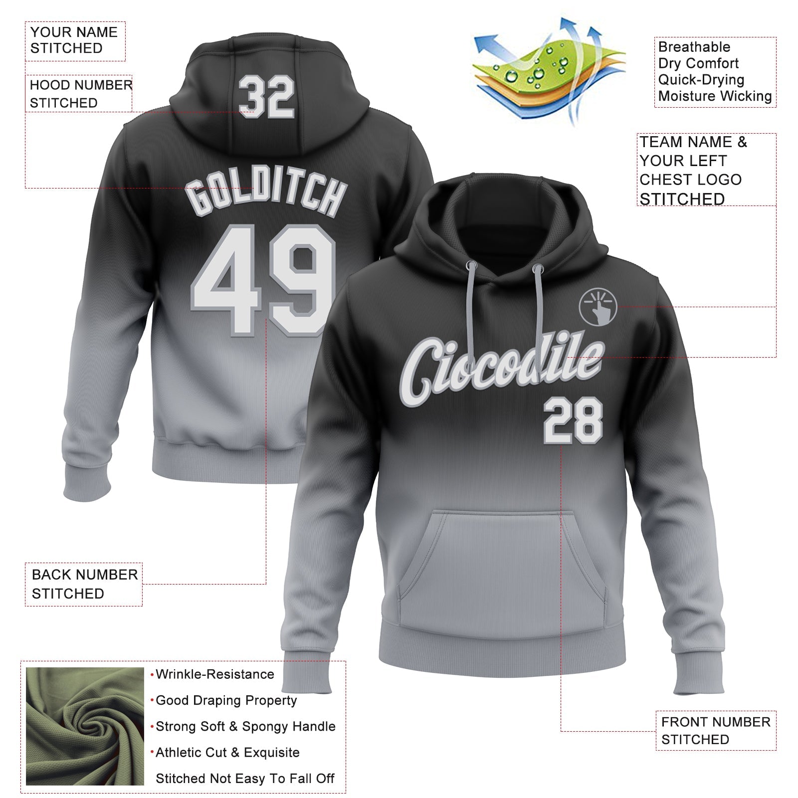 Custom Stitched Black White-Gray Fade Fashion Sports Pullover Sweatshirt Hoodie view 2