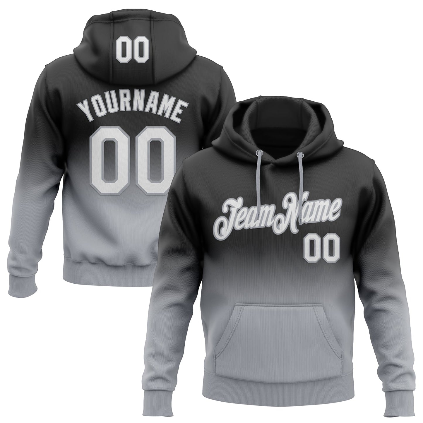 Custom Stitched Black White-Gray Fade Fashion Sports Pullover Sweatshirt Hoodie - Main View