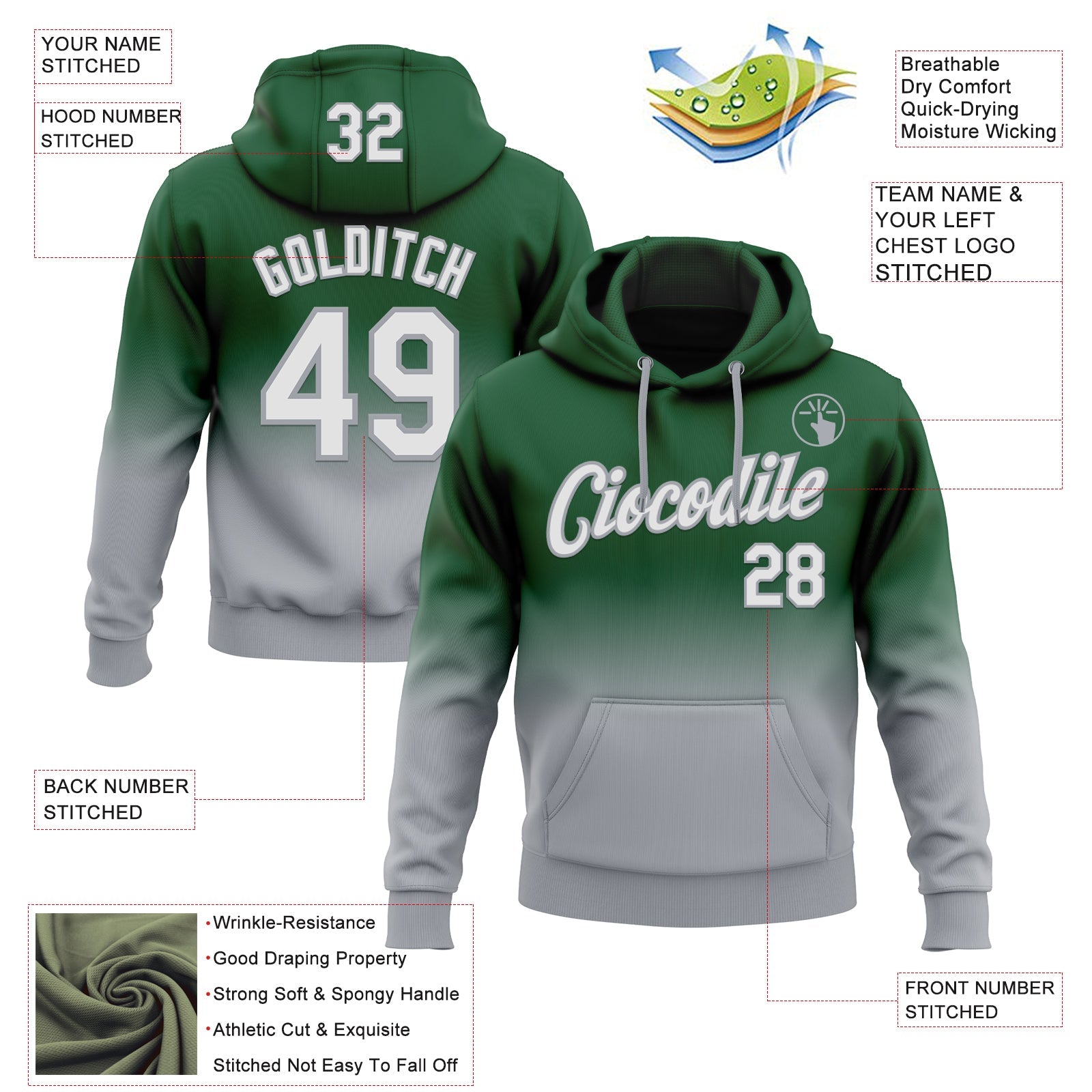 Custom Stitched Green White-Gray Fade Fashion Sports Pullover Sweatshirt Hoodie view 2