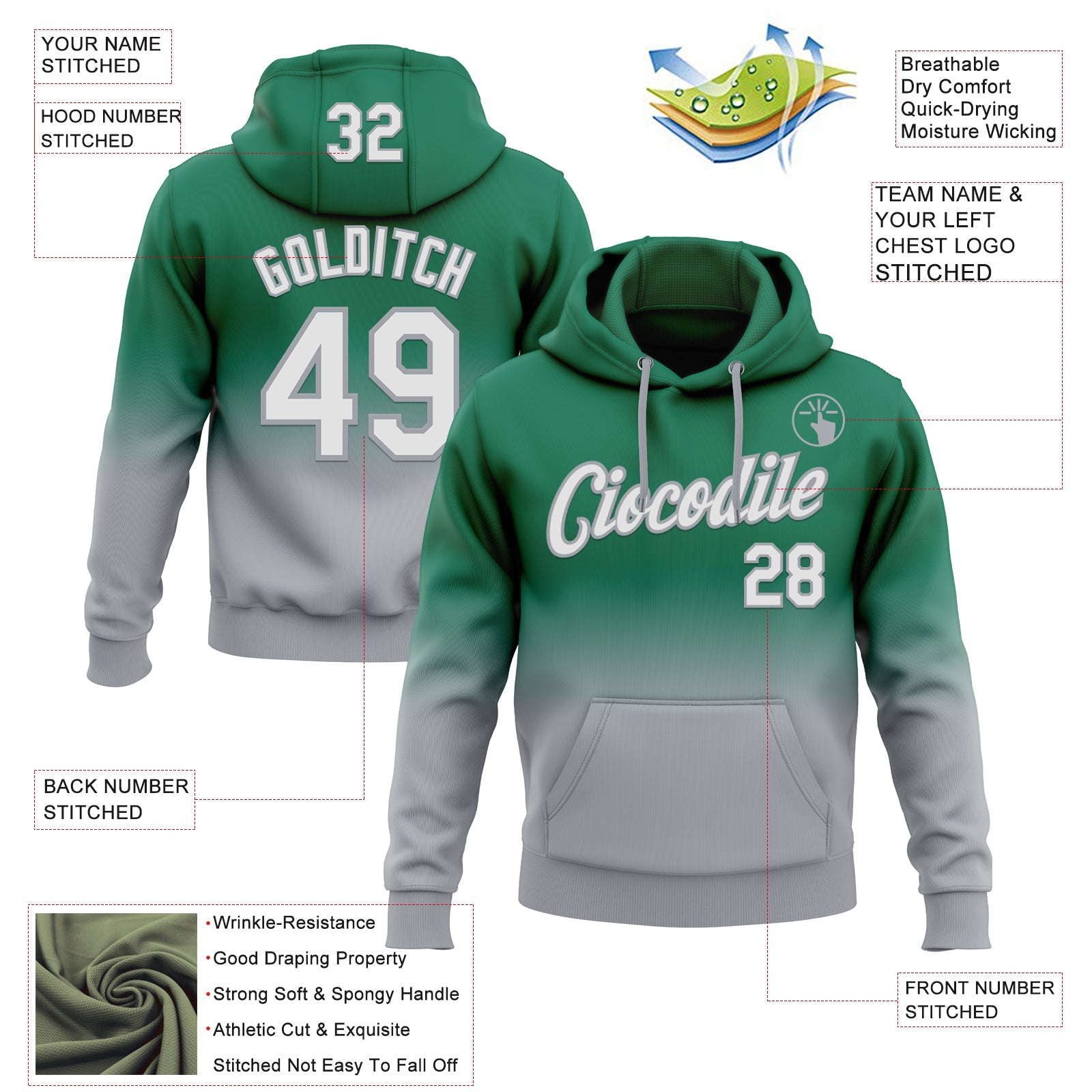 Custom Stitched Kelly Green White-Gray Fade Fashion Sports Pullover Sweatshirt Hoodie view 2