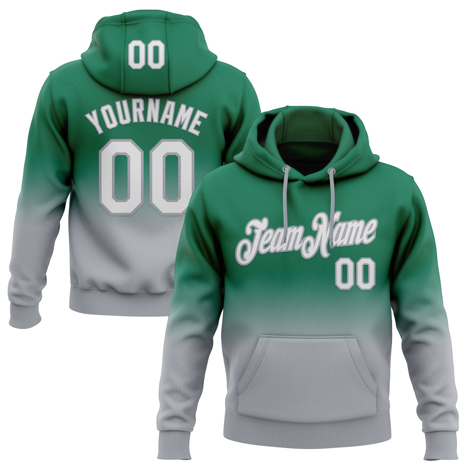 Custom Stitched Kelly Green White-Gray Fade Fashion Sports Pullover Sweatshirt Hoodie - Main View