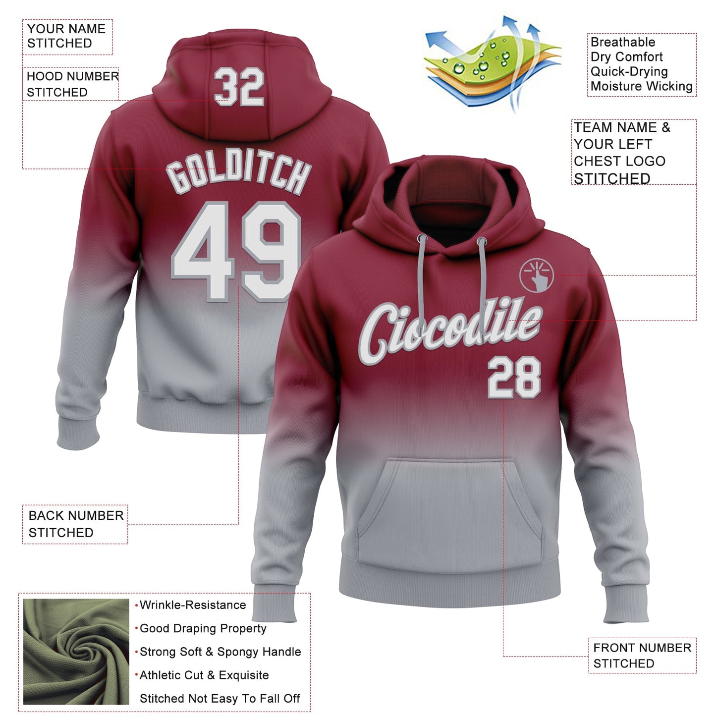 Custom Stitched Crimson White-Gray Fade Fashion Sports Pullover Sweatshirt Hoodie view 2