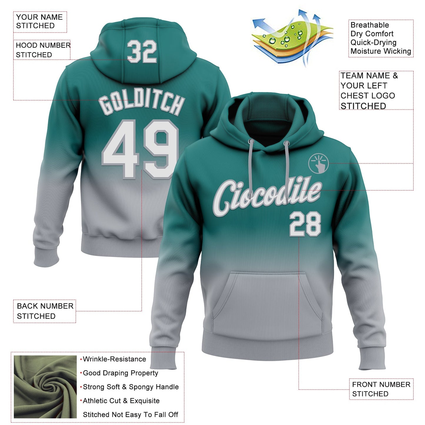 Custom Stitched Teal White-Gray Fade Fashion Sports Pullover Sweatshirt Hoodie view 2