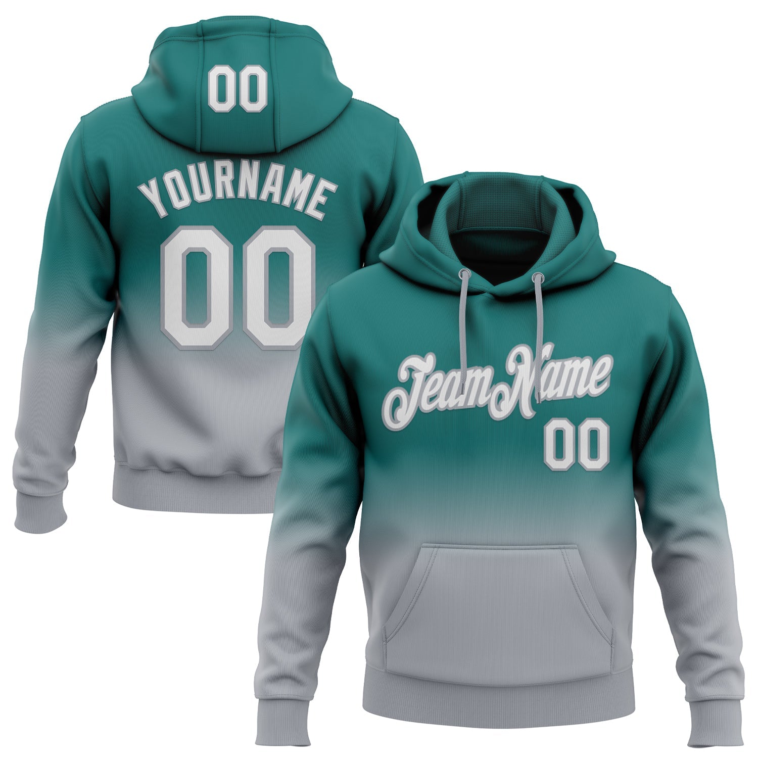 Custom Stitched Teal White-Gray Fade Fashion Sports Pullover Sweatshirt Hoodie - Main View