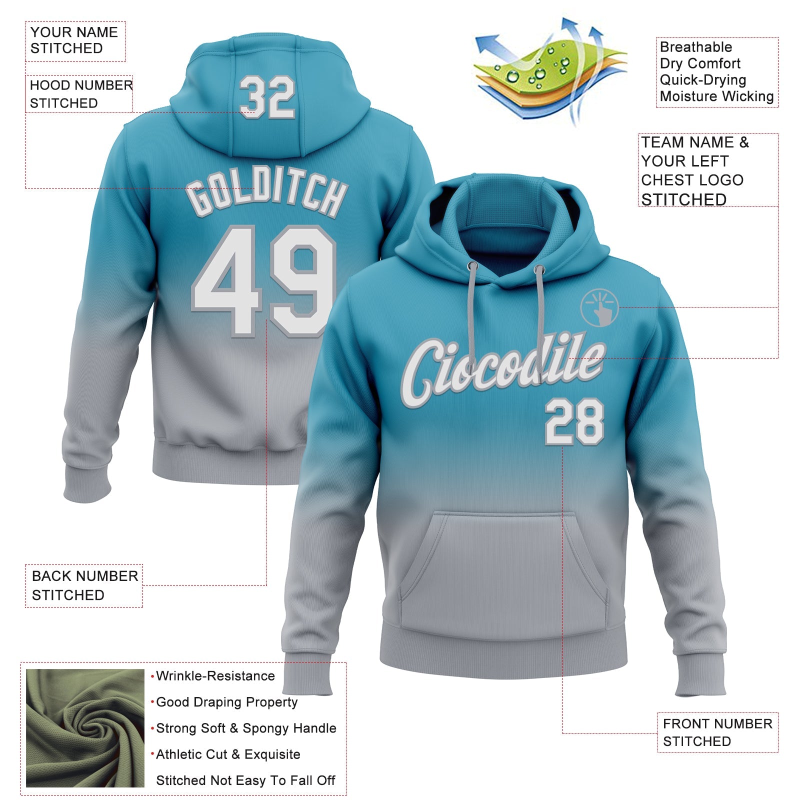 Custom Stitched Panther Blue White-Gray Fade Fashion Sports Pullover Sweatshirt Hoodie view 2