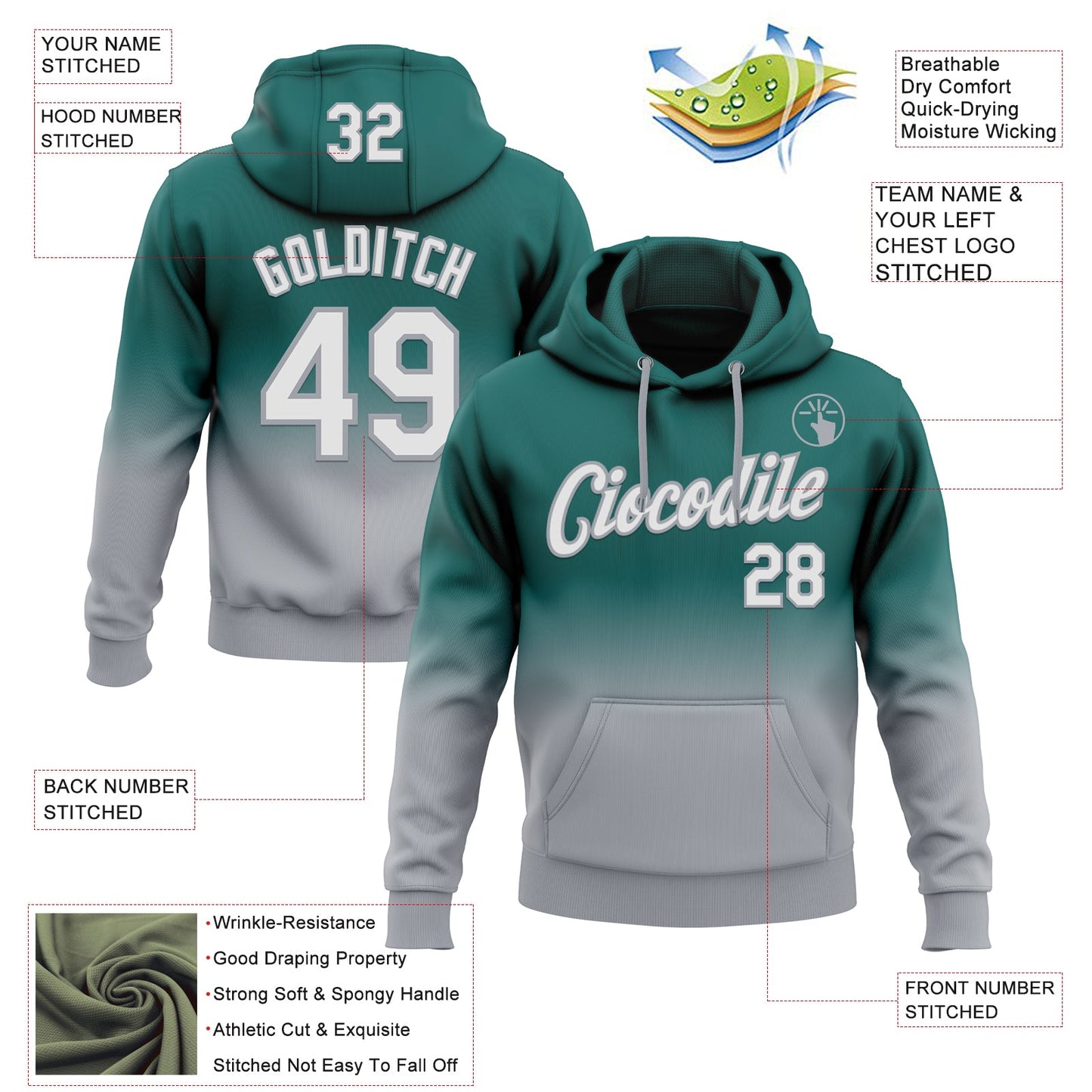 Custom Stitched Midnight Green White-Gray Fade Fashion Sports Pullover Sweatshirt Hoodie view 2