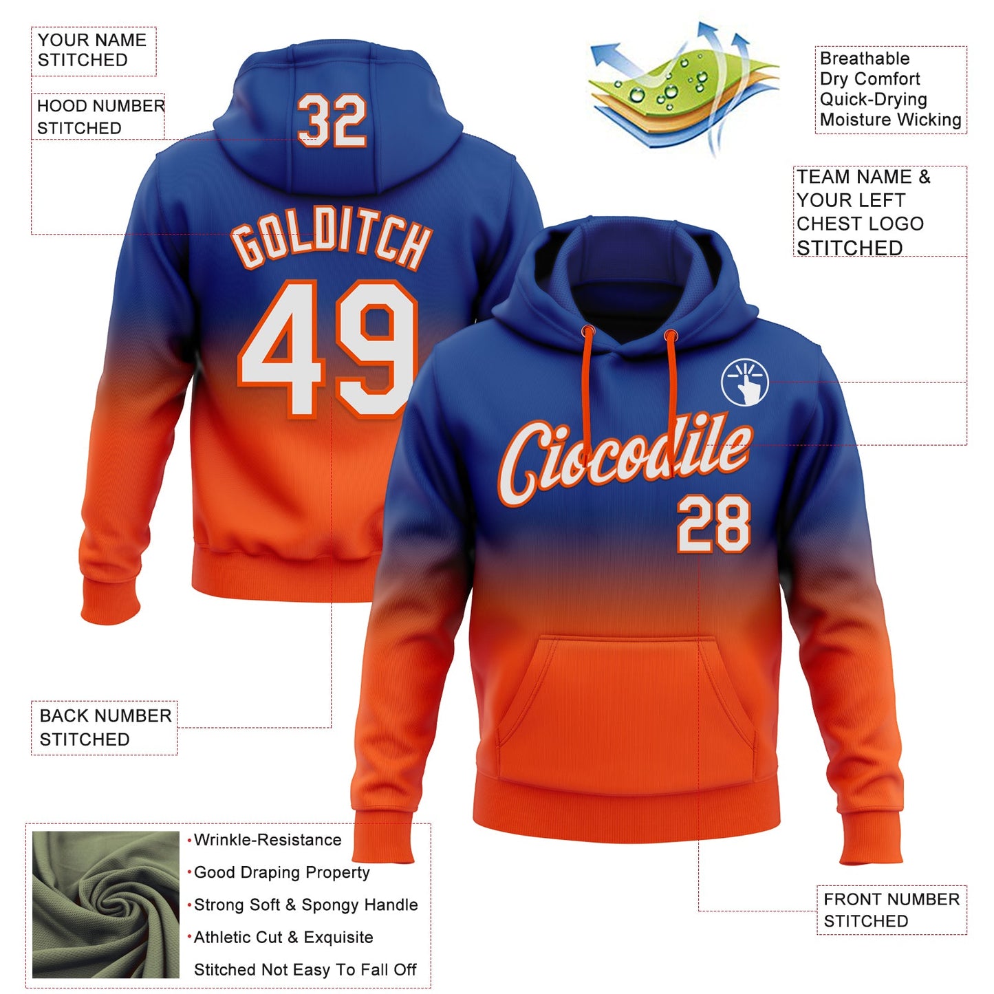 Custom Stitched Royal White-Orange Fade Fashion Sports Pullover Sweatshirt Hoodie view 2