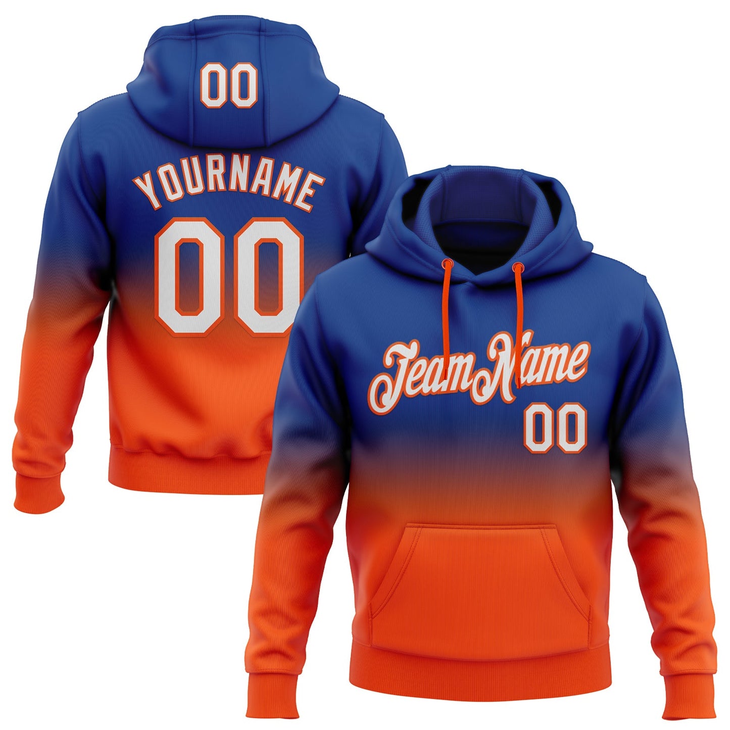 Custom Stitched Royal White-Orange Fade Fashion Sports Pullover Sweatshirt Hoodie - Main View