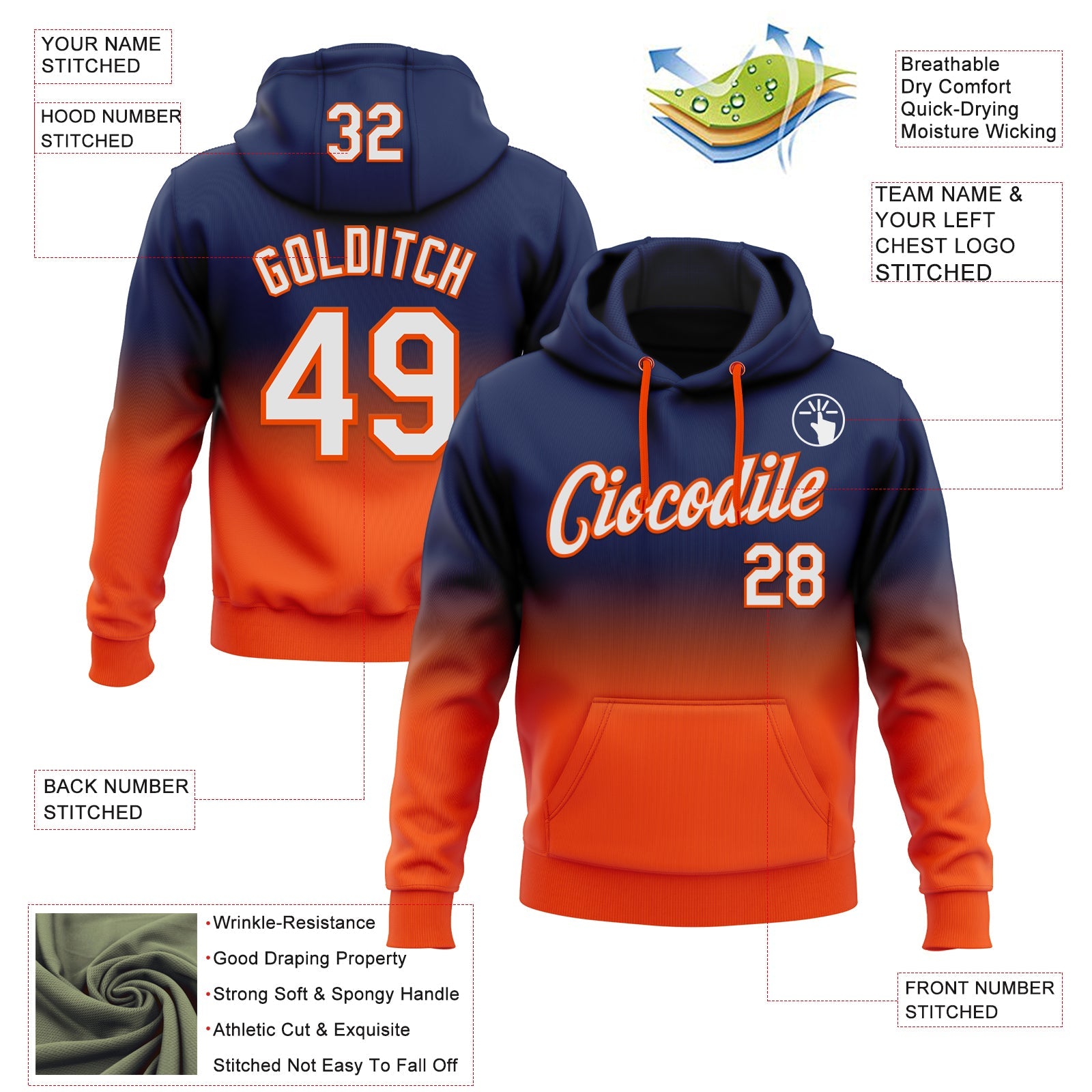 Custom Stitched Navy White-Orange Fade Fashion Sports Pullover Sweatshirt Hoodie view 2