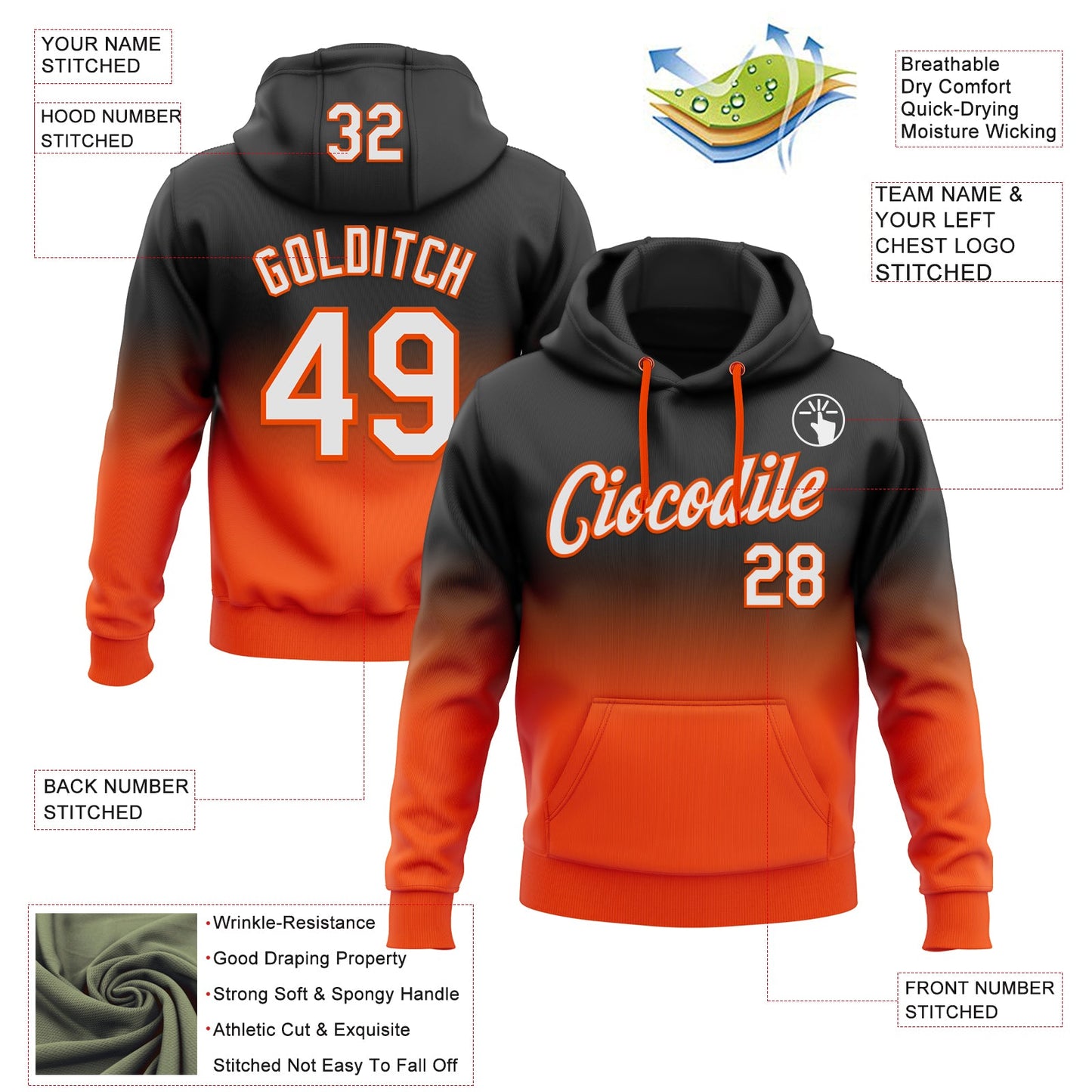 Custom Stitched Black White-Orange Fade Fashion Sports Pullover Sweatshirt Hoodie view 2