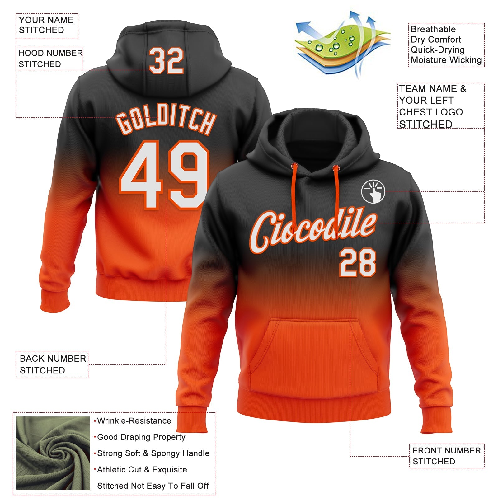 Custom Stitched Black White-Orange Fade Fashion Sports Pullover Sweatshirt Hoodie view 2