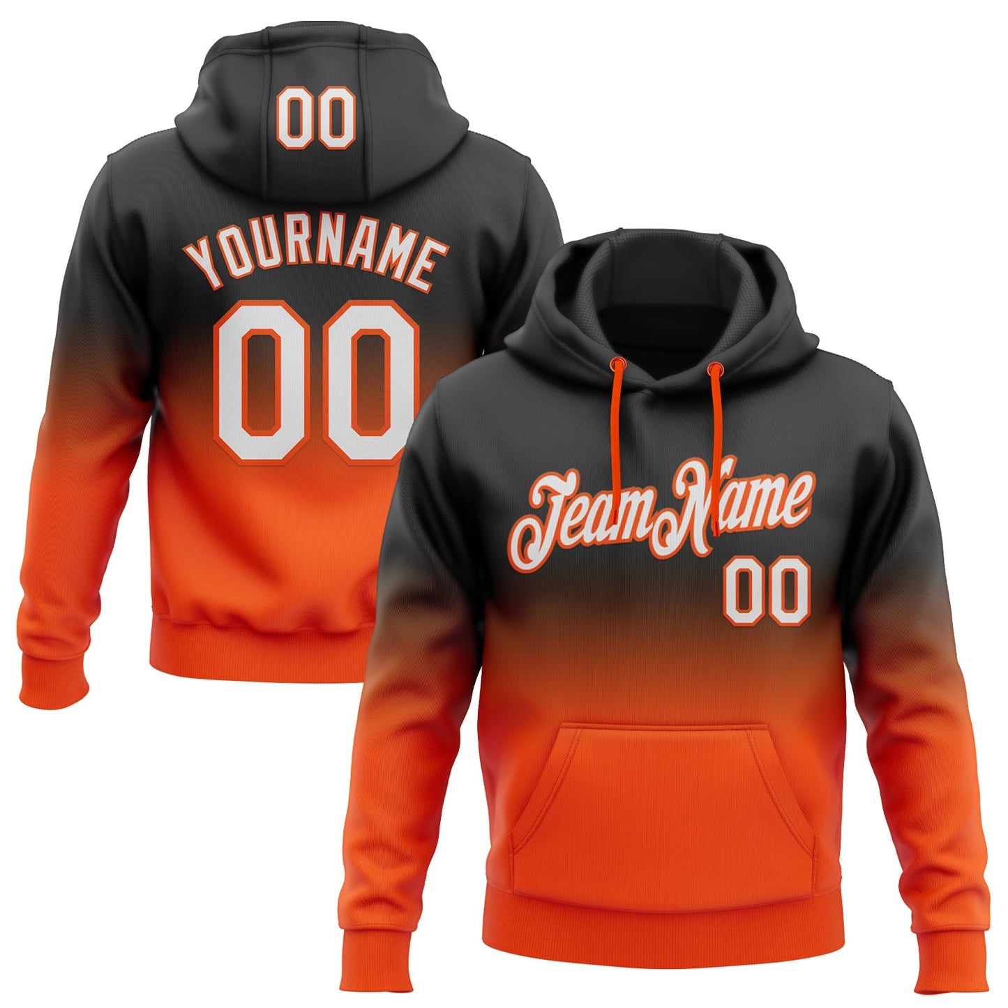 Custom Stitched Black White-Orange Fade Fashion Sports Pullover Sweatshirt Hoodie - Main View