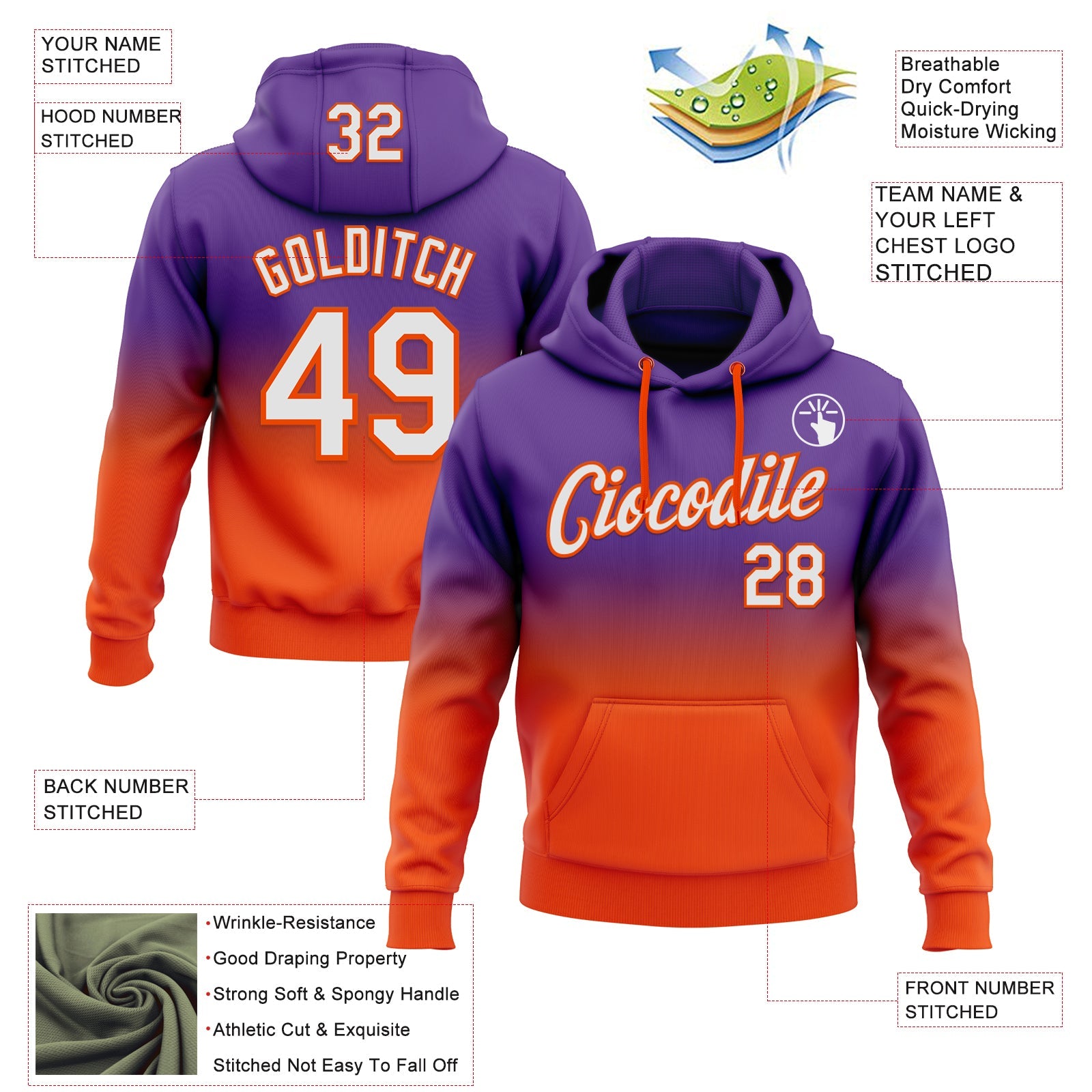 Custom Stitched Purple White-Orange Fade Fashion Sports Pullover Sweatshirt Hoodie view 2