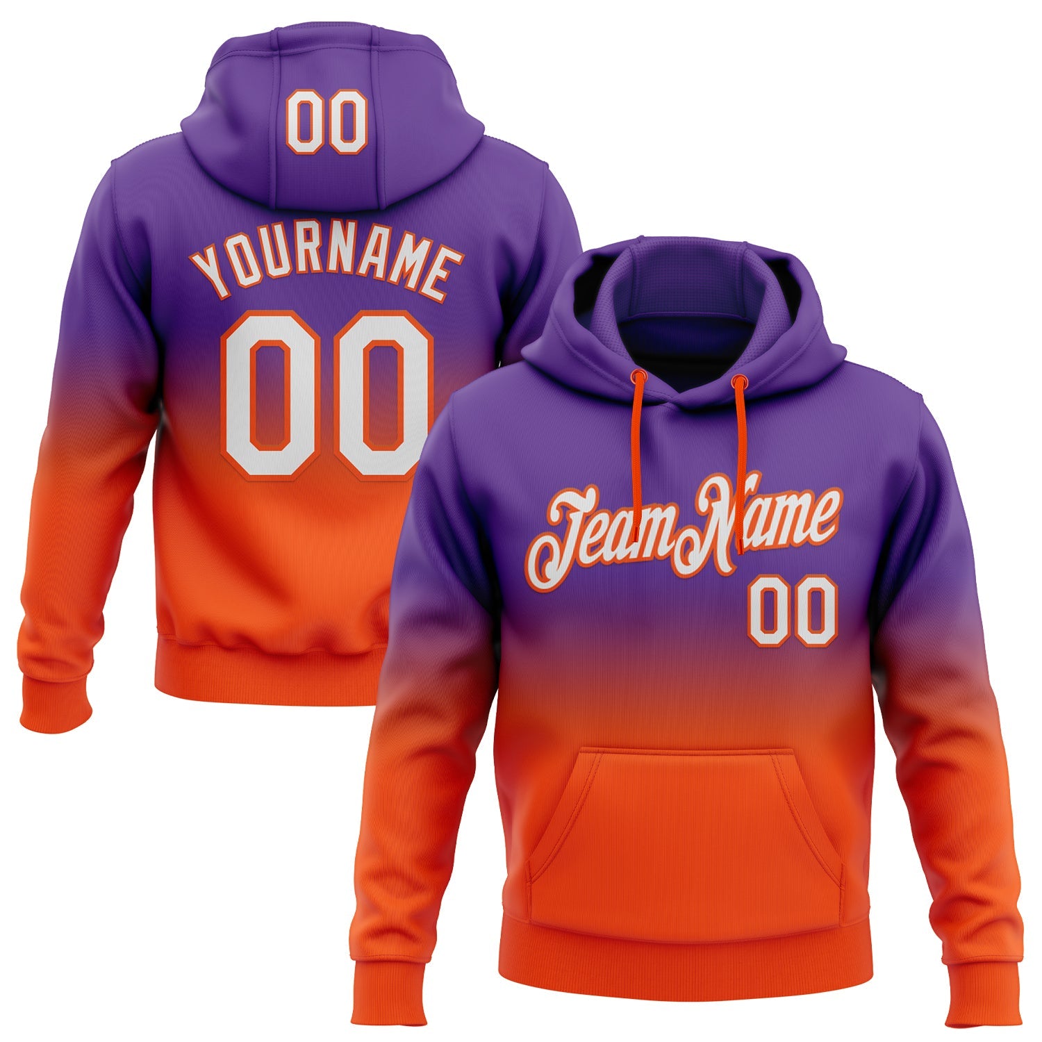 Custom Stitched Purple White-Orange Fade Fashion Sports Pullover Sweatshirt Hoodie - Main View