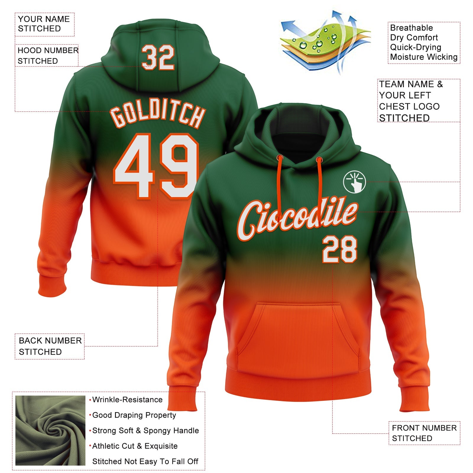 Custom Stitched Green White-Orange Fade Fashion Sports Pullover Sweatshirt Hoodie view 2