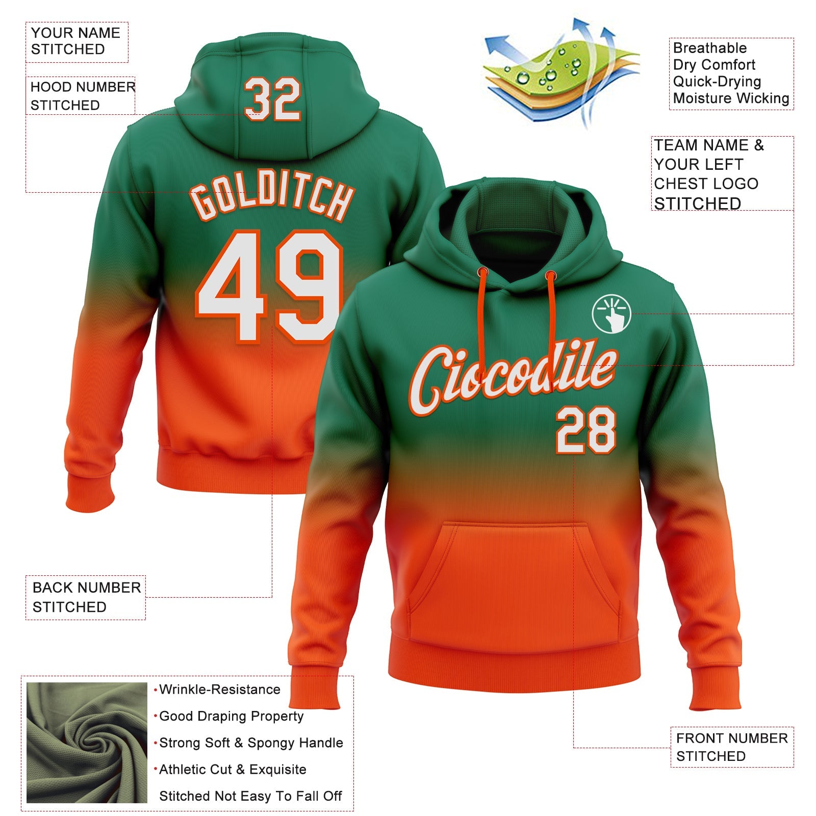 Custom Stitched Kelly Green White-Orange Fade Fashion Sports Pullover Sweatshirt Hoodie view 2