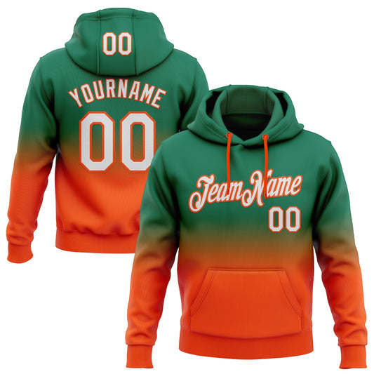 Custom Stitched Kelly Green White-Orange Fade Fashion Sports Pullover Sweatshirt Hoodie - Main View
