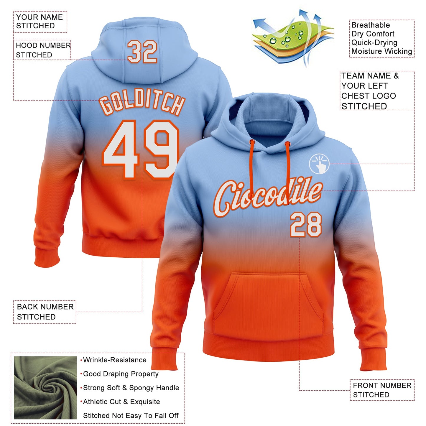 Custom Stitched Light Blue White-Orange Fade Fashion Sports Pullover Sweatshirt Hoodie view 2