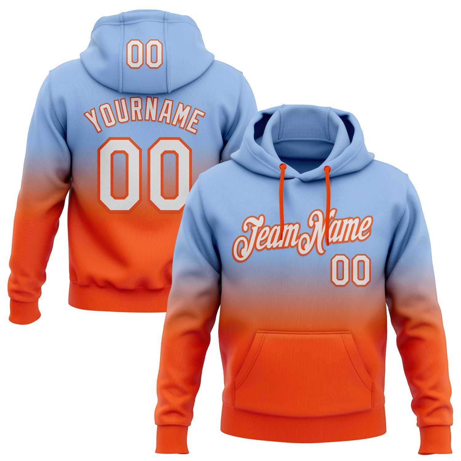 Custom Stitched Light Blue White-Orange Fade Fashion Sports Pullover Sweatshirt Hoodie - Main View