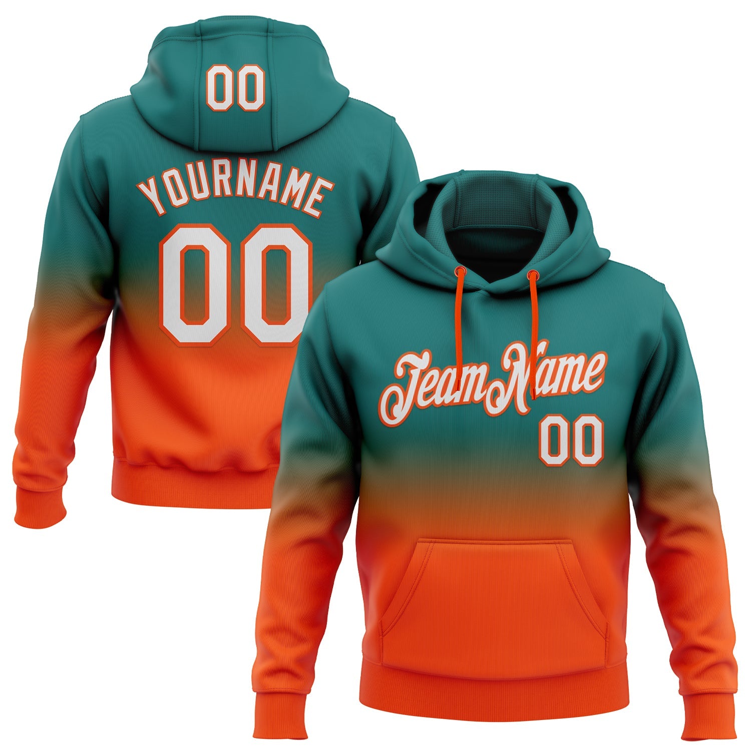 Custom Stitched Teal White-Orange Fade Fashion Sports Pullover Sweatshirt Hoodie - Main View
