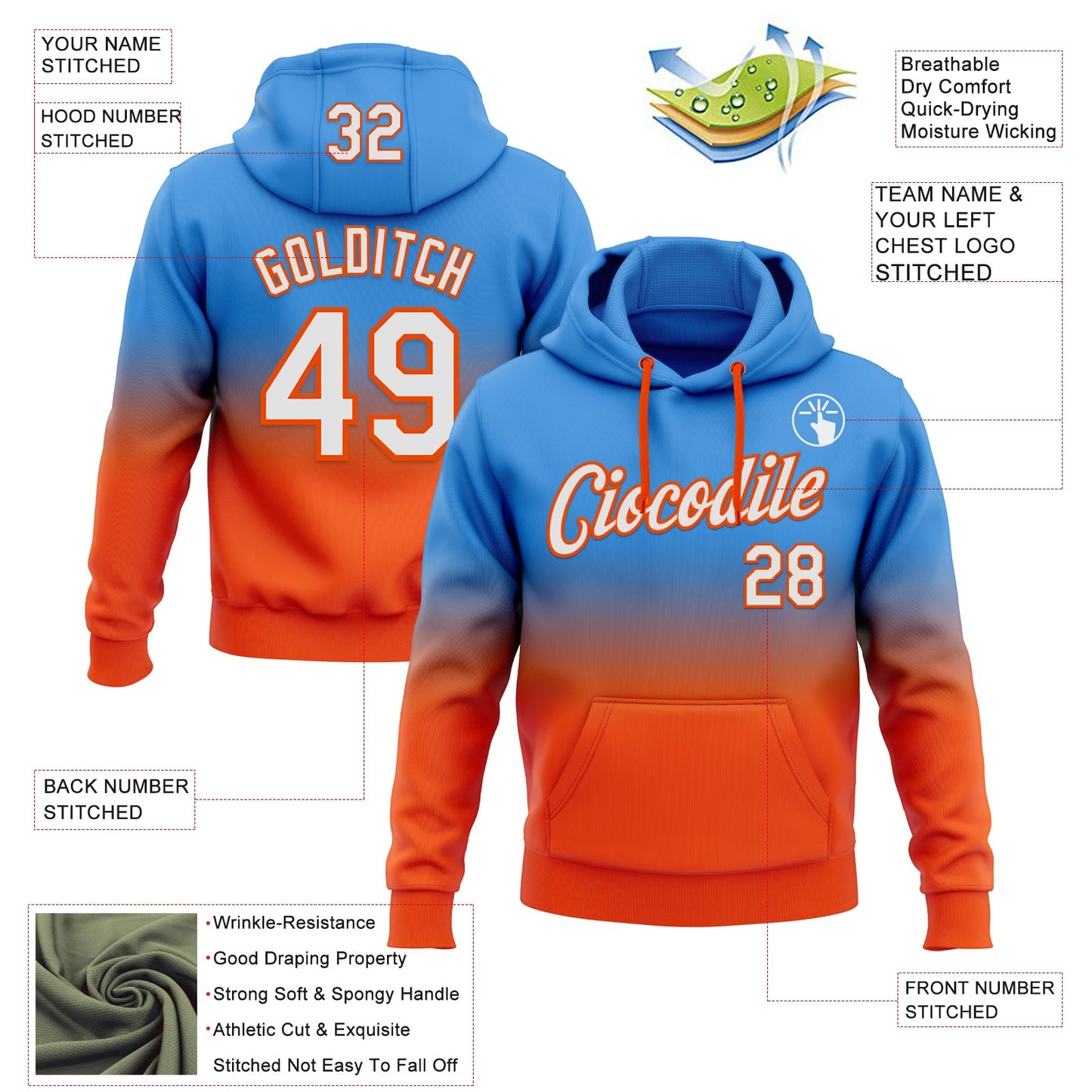 Custom Stitched Powder Blue White-Orange Fade Fashion Sports Pullover Sweatshirt Hoodie view 2
