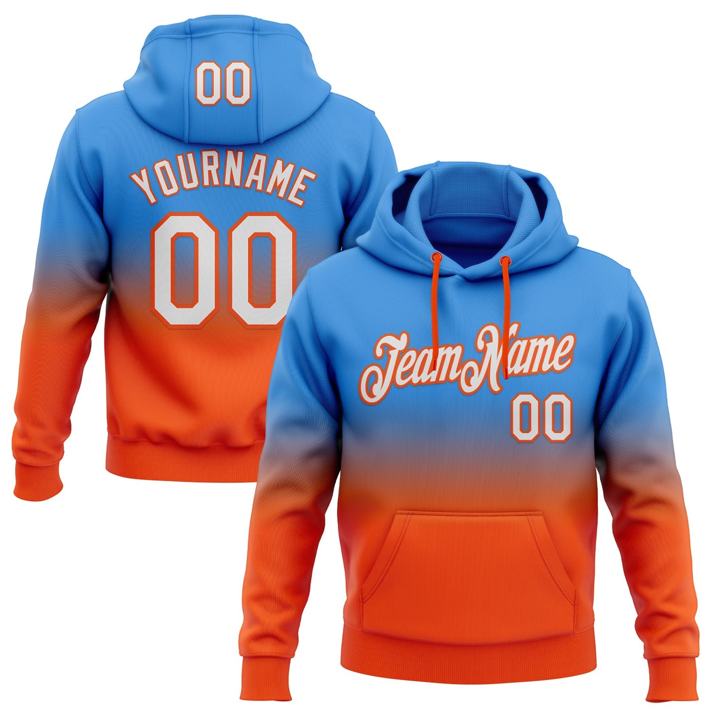 Custom Stitched Powder Blue White-Orange Fade Fashion Sports Pullover Sweatshirt Hoodie - Main View