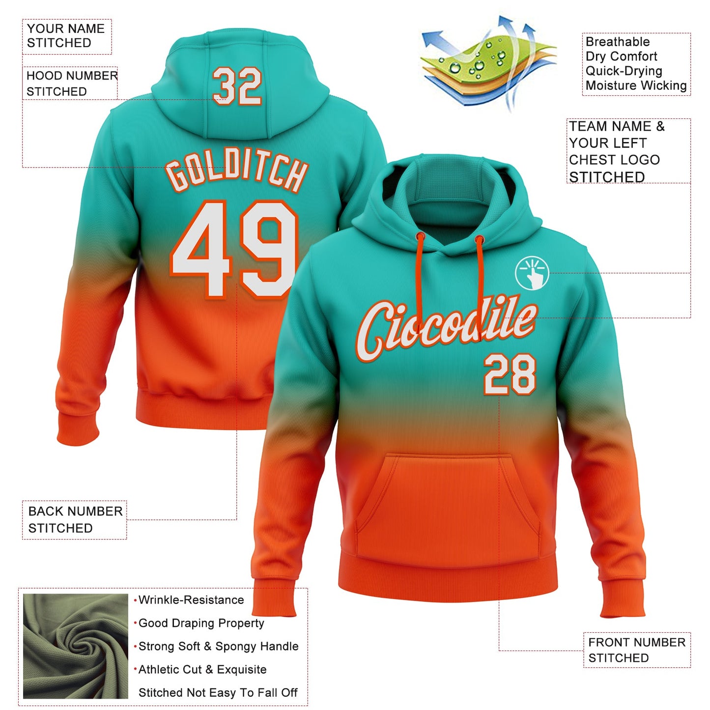 Custom Stitched Aqua White-Orange Fade Fashion Sports Pullover Sweatshirt Hoodie view 2