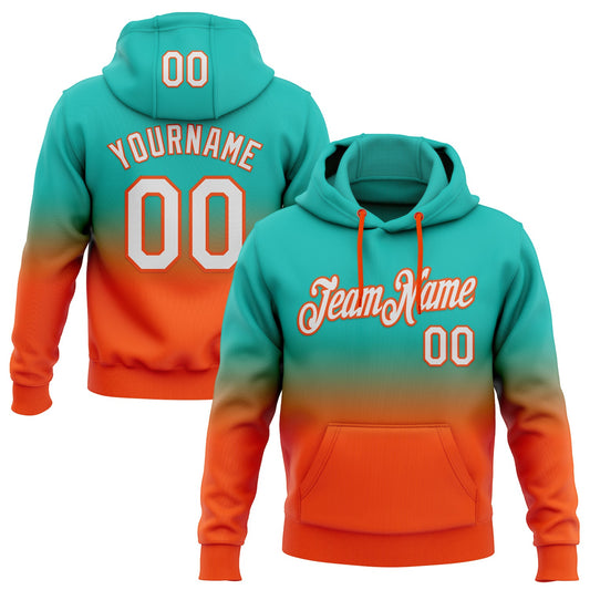 Custom Stitched Aqua White-Orange Fade Fashion Sports Pullover Sweatshirt Hoodie - Main View
